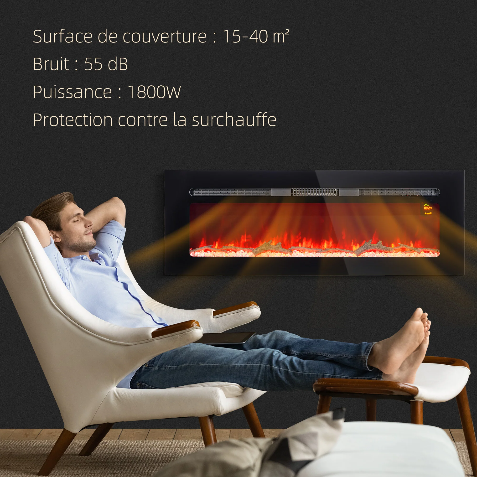 Cheminée électrique 1800 W mural ou encastrable fausse cheminée avec effet flamme en LED 3 couleurs 5 luminosités, bûche et cristal, minuterie, température 15-40℃, télécommande, 127L cm, noir - Image 6