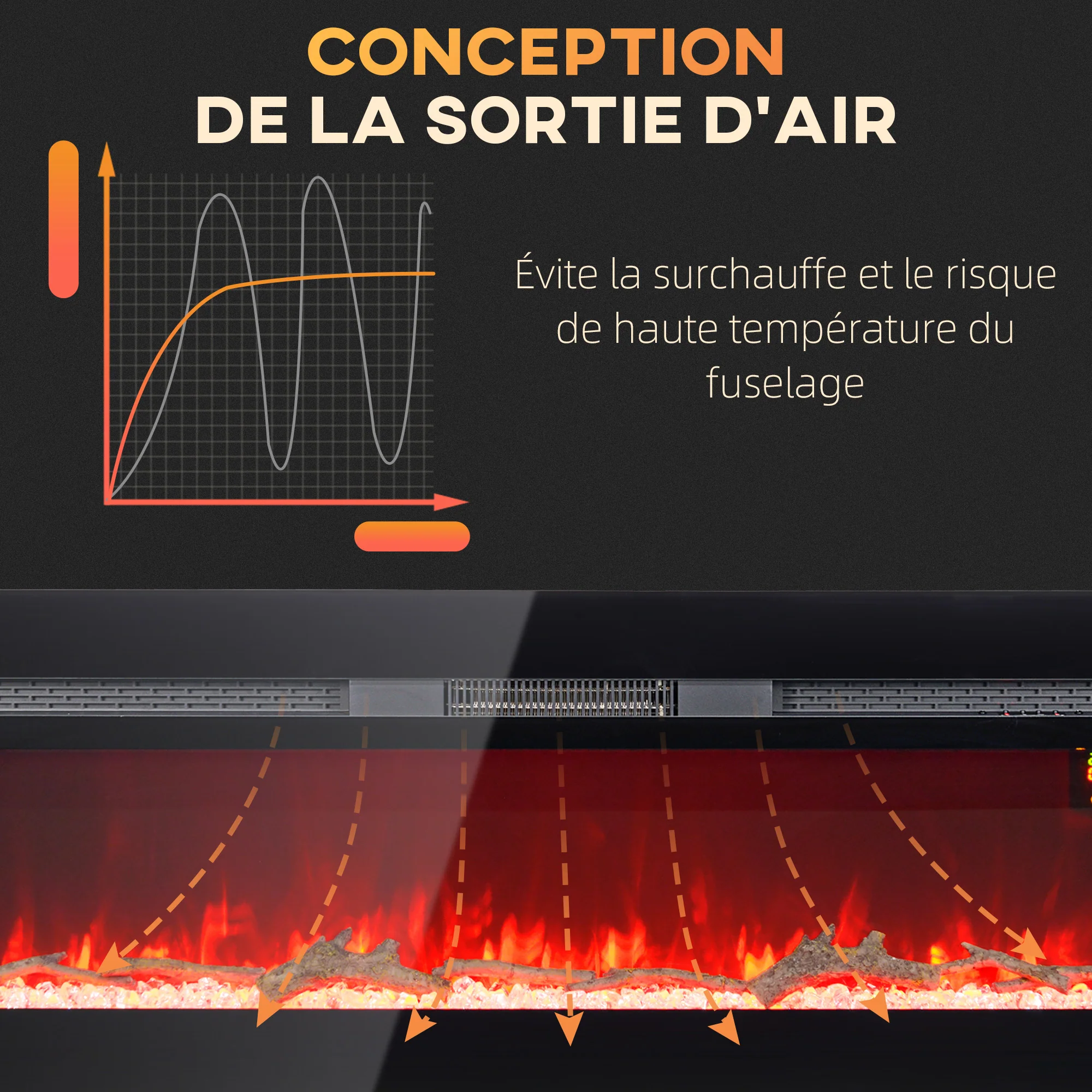 Cheminée électrique 1800 W mural ou encastrable fausse cheminée avec effet flamme en LED 3 couleurs 5 luminosités, bûche et cristal, minuterie, température 15-40℃, télécommande, 127L cm, noir - Image 7