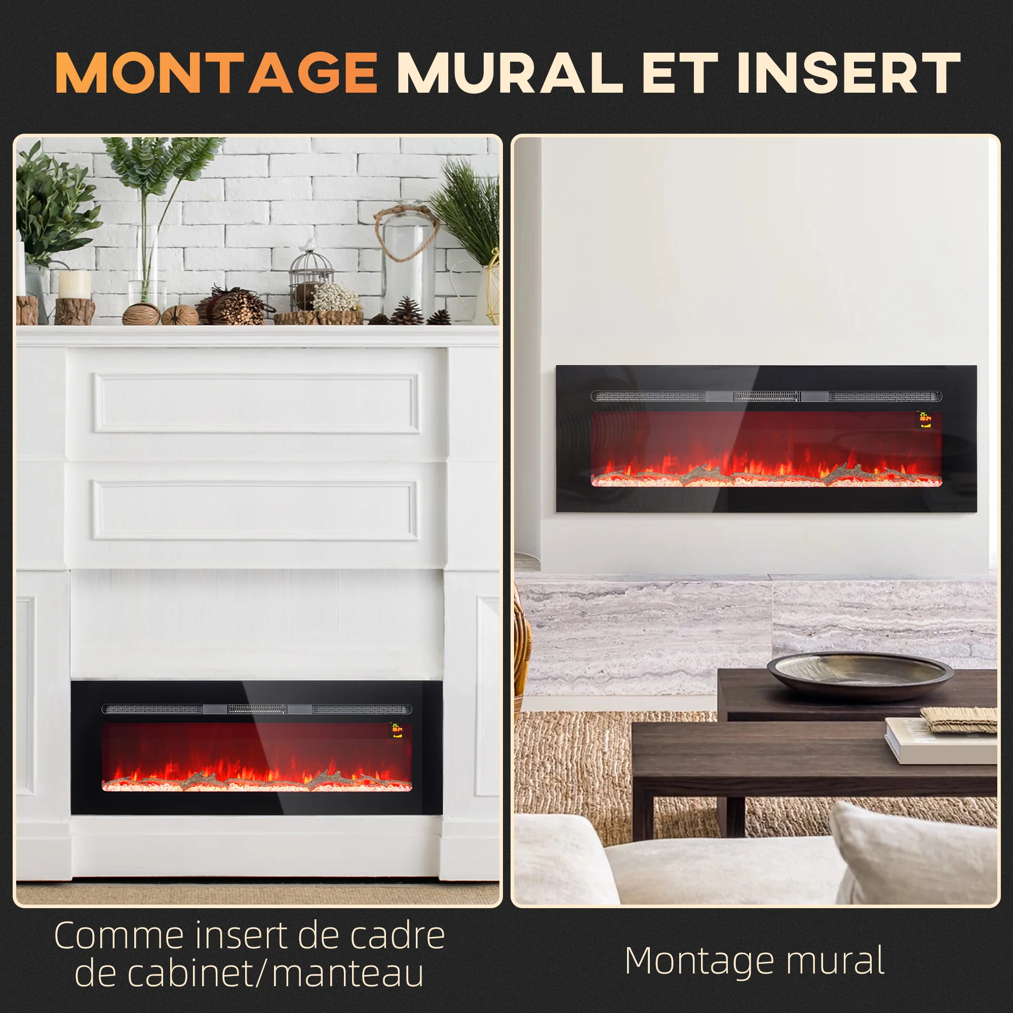 Cheminée électrique 1800 W mural ou encastrable fausse cheminée avec effet flamme en LED 3 couleurs 5 luminosités, bûche et cristal, minuterie, température 15-40℃, télécommande, 127L cm, noir - Image 8