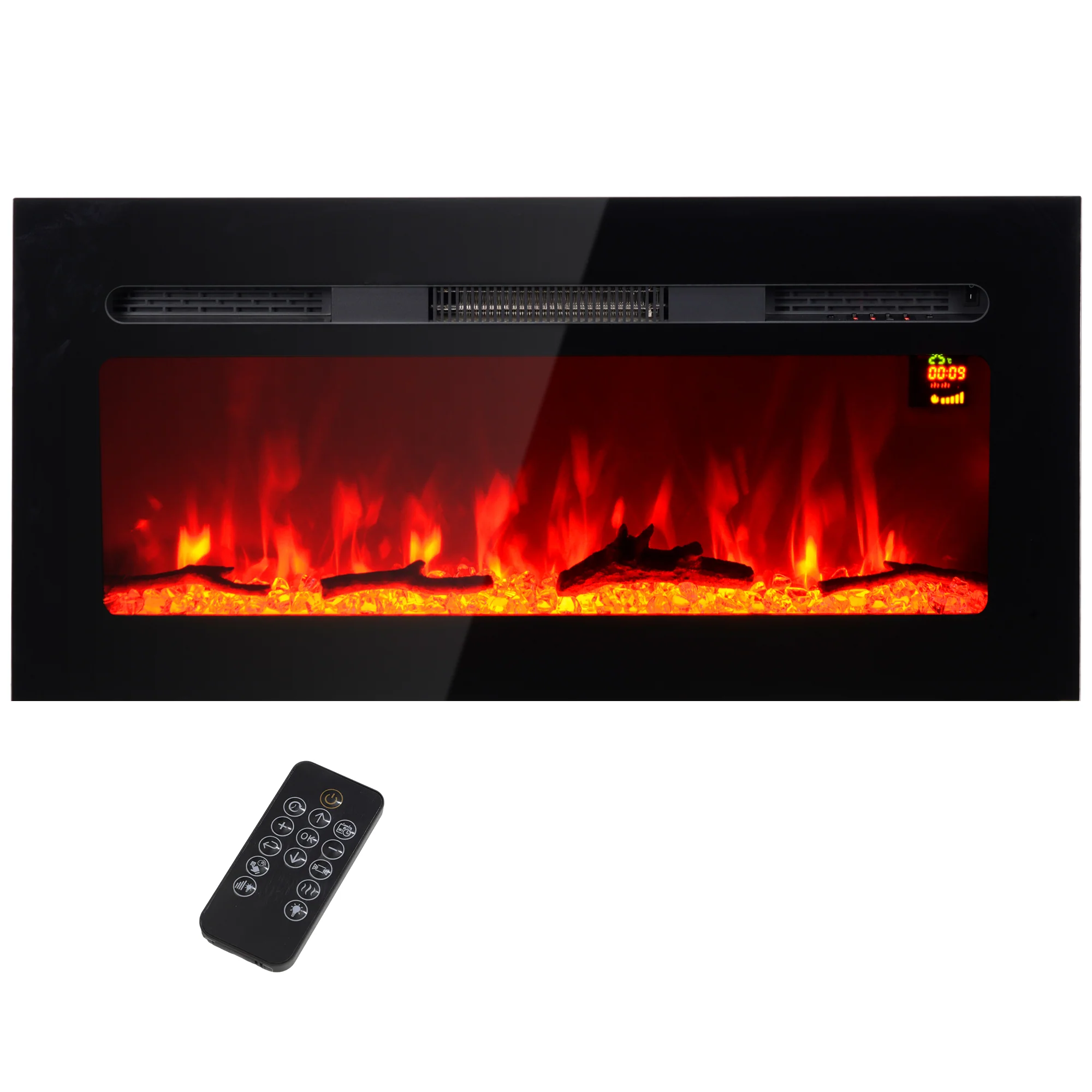 Cheminée électrique 1800 W mural ou encastrable fausse cheminée avec effet flamme en LED 3 couleurs 5 luminosités, b?che et cristal, minuterie, température 15-40℃, télécommande, 91,4L cm, noir
