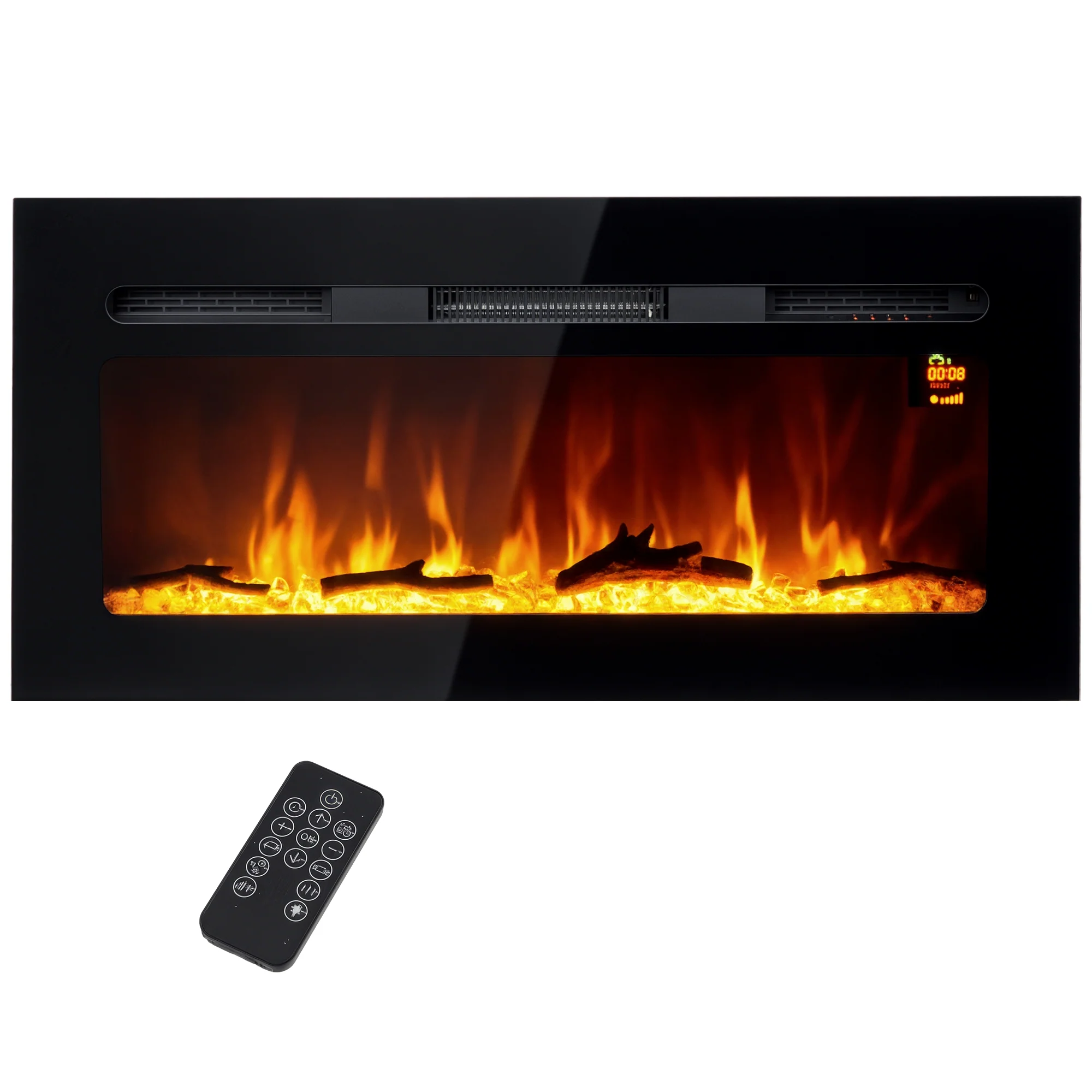Cheminée électrique 1800 W mural ou encastrable fausse cheminée avec effet flamme en LED 3 couleurs 5 luminosités, b?che et cristal, minuterie, température 15-40℃, télécommande, 91,4L cm, noir - Image 11