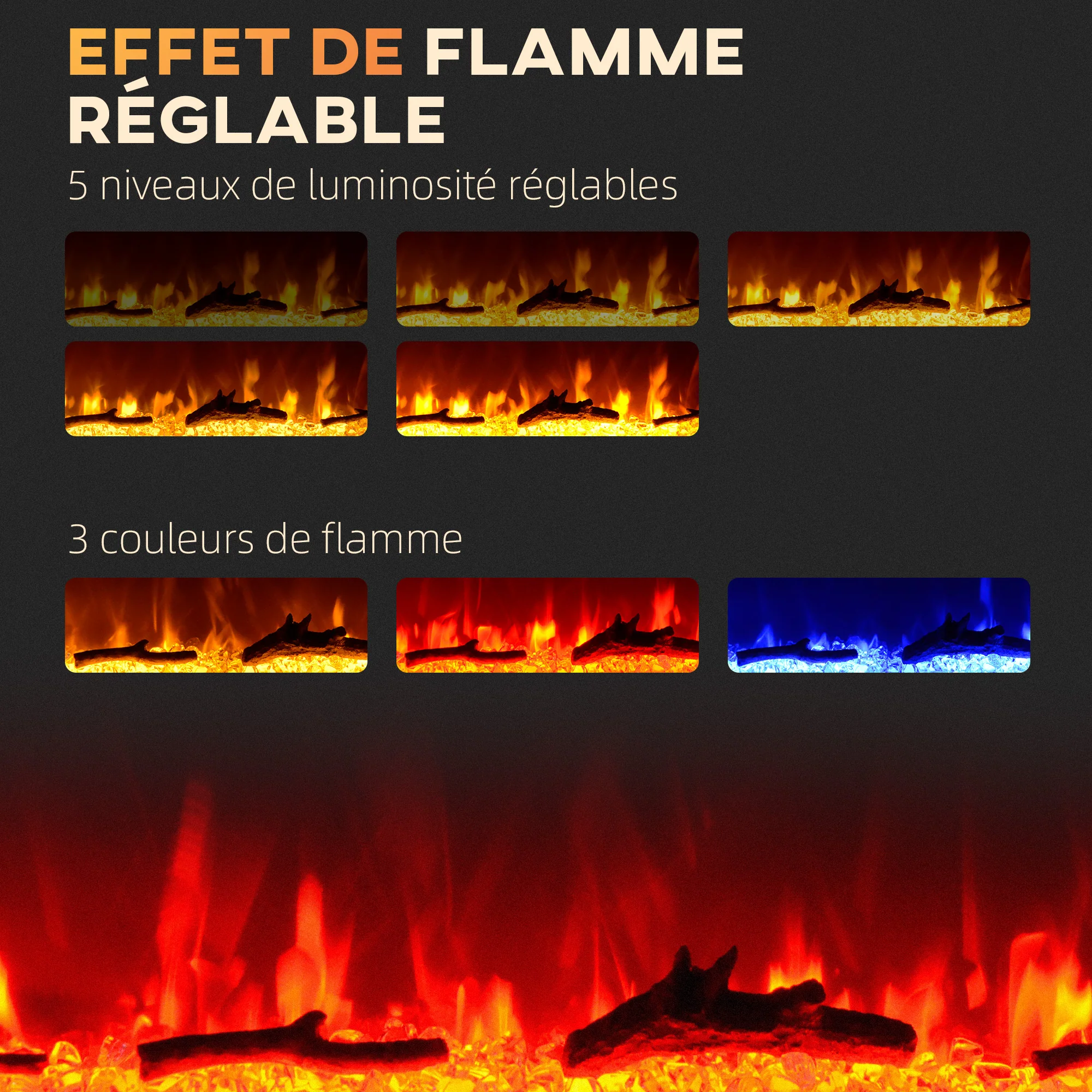 Cheminée électrique 1800 W mural ou encastrable fausse cheminée avec effet flamme en LED 3 couleurs 5 luminosités, b?che et cristal, minuterie, température 15-40℃, télécommande, 91,4L cm, noir - Image 5