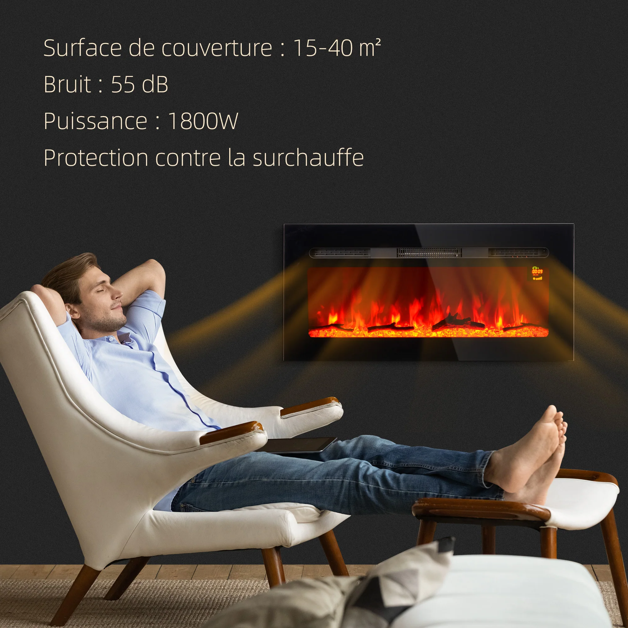 Cheminée électrique 1800 W mural ou encastrable fausse cheminée avec effet flamme en LED 3 couleurs 5 luminosités, b?che et cristal, minuterie, température 15-40℃, télécommande, 91,4L cm, noir - Image 6