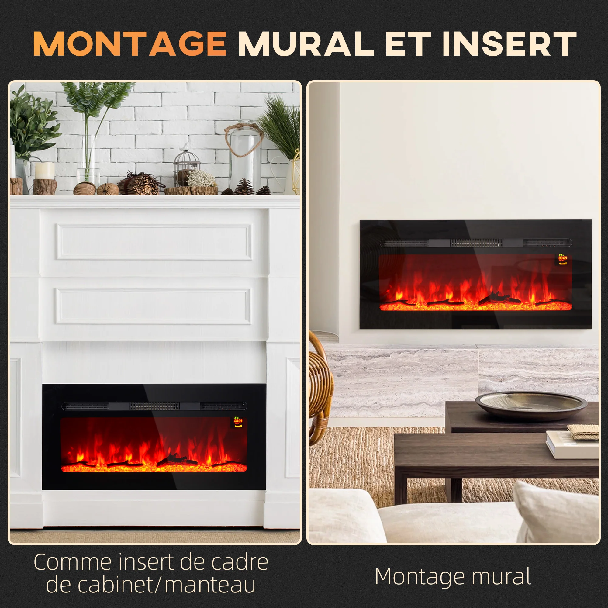 Cheminée électrique 1800 W mural ou encastrable fausse cheminée avec effet flamme en LED 3 couleurs 5 luminosités, b?che et cristal, minuterie, température 15-40℃, télécommande, 91,4L cm, noir - Image 8