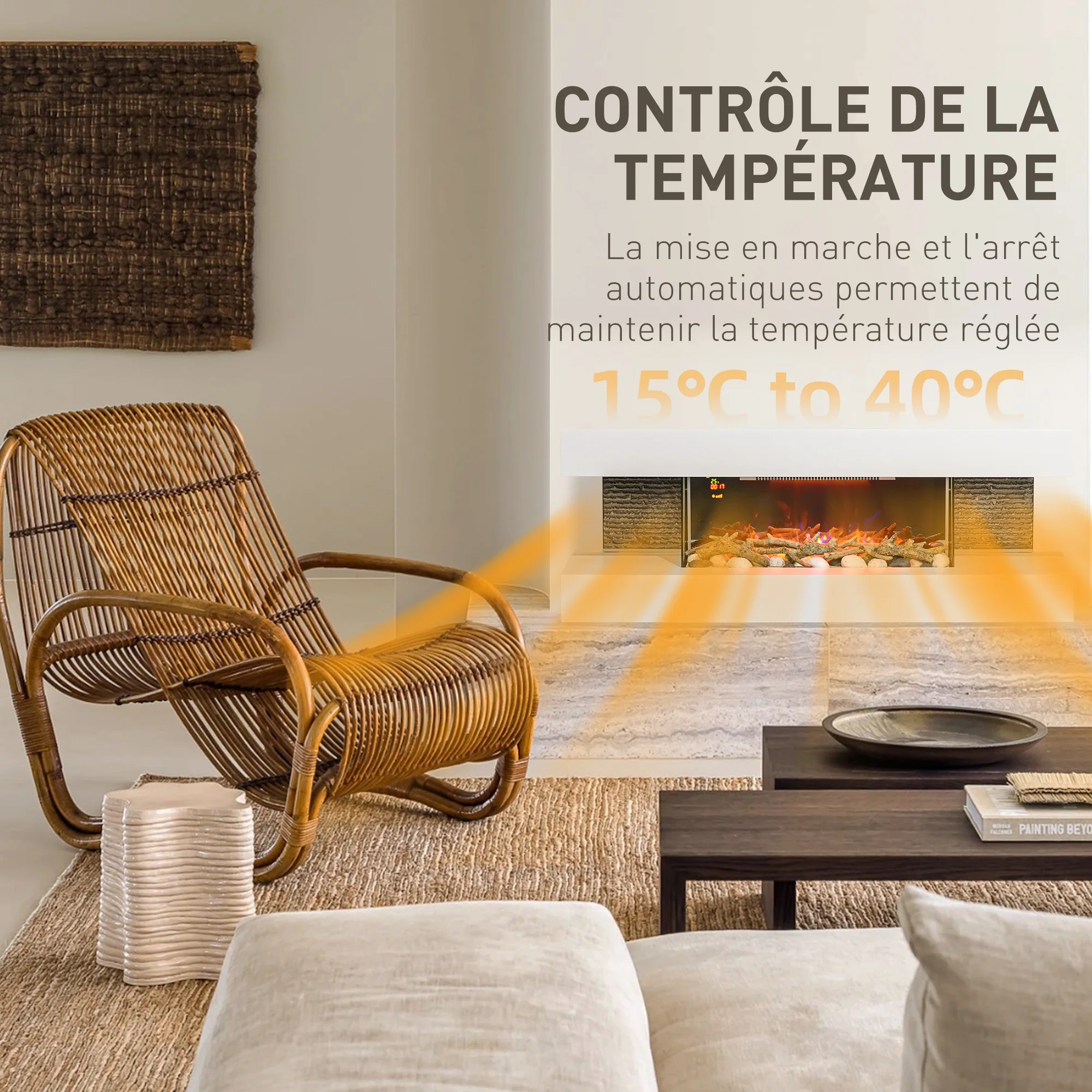 Cheminée électrique 2000 W mural ou sur pieds fausse cheminée 120L cm avec manteau, cadre en verre, effet flamme LED réglable, bûche, galets, minuterie, température 15-40℃, télécommande, blanc - Image 7
