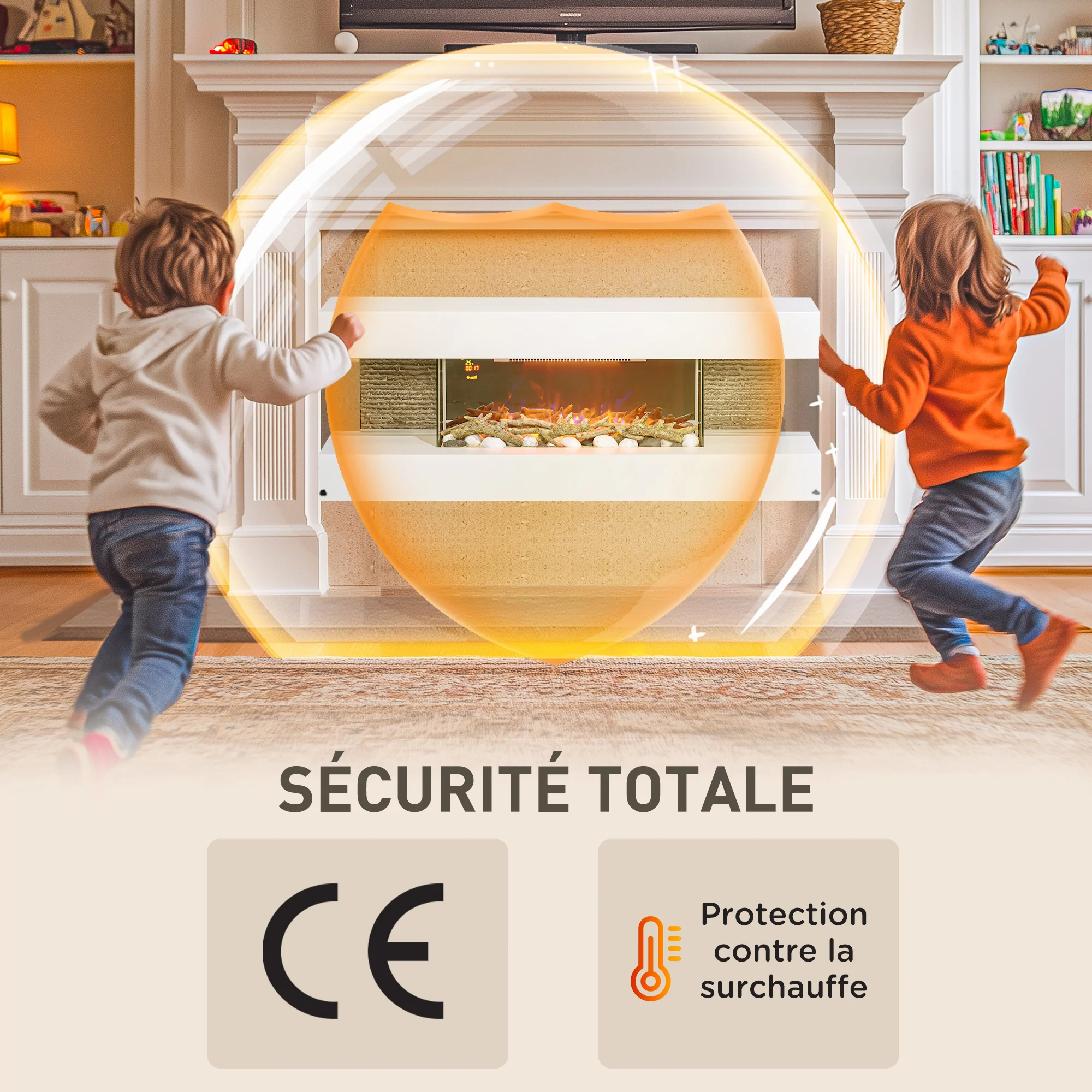 Cheminée électrique 2000 W mural ou sur pieds fausse cheminée 120L cm avec manteau, cadre en verre, effet flamme LED réglable, bûche, galets, minuterie, température 15-40℃, télécommande, blanc - Image 8