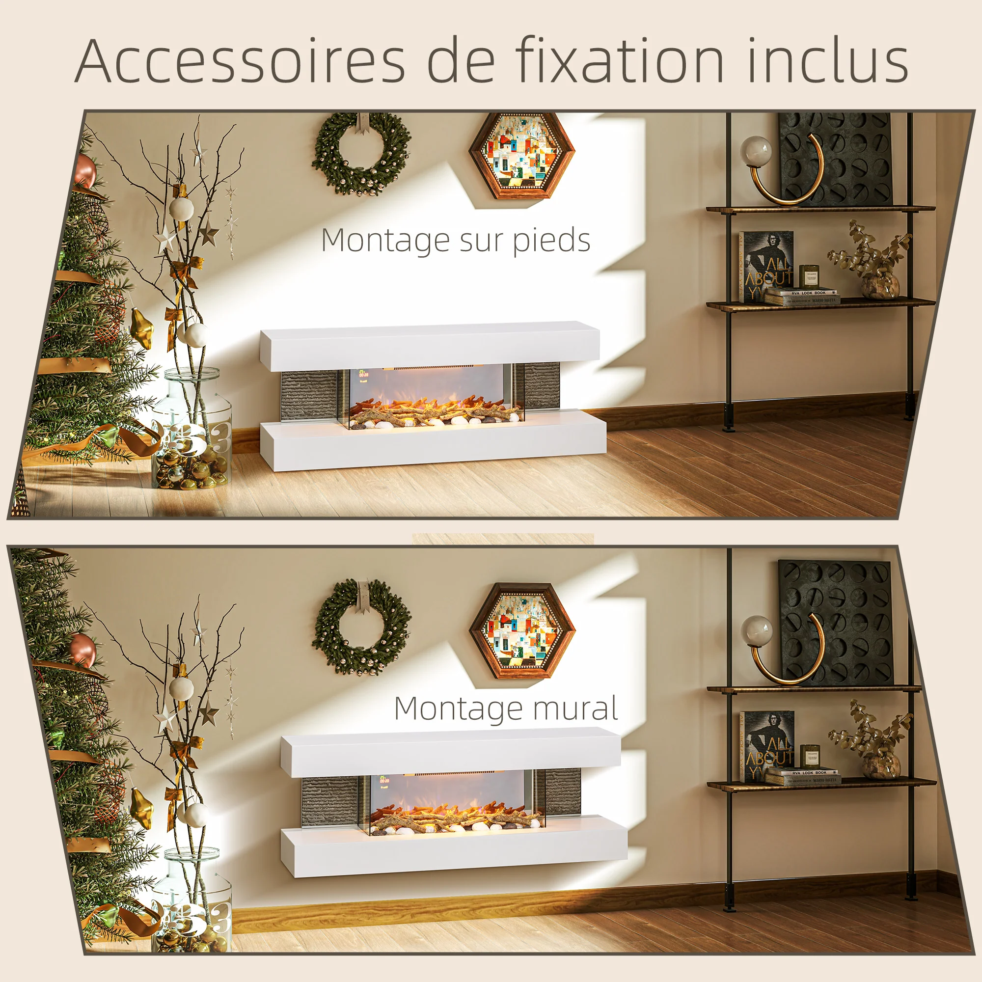 Cheminée électrique 2000 W mural ou sur pieds fausse cheminée 120L cm avec manteau, cadre en verre, effet flamme LED réglable, bûche, galets, minuterie, température 15-40℃, télécommande, blanc - Image 9