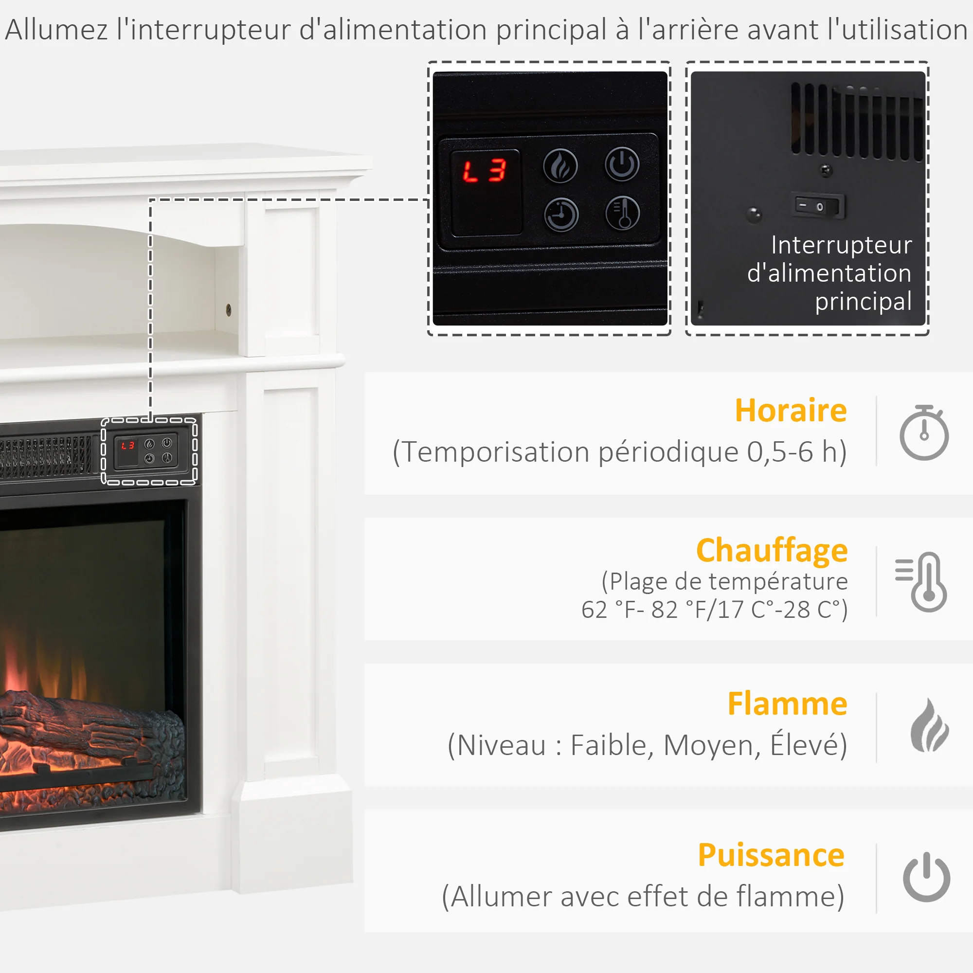 Cheminée électrique effet flammes LED luminosité réglable avec télécommande - 1800 W - 80,5 x 32,3 x 80,5 cm - Image 5
