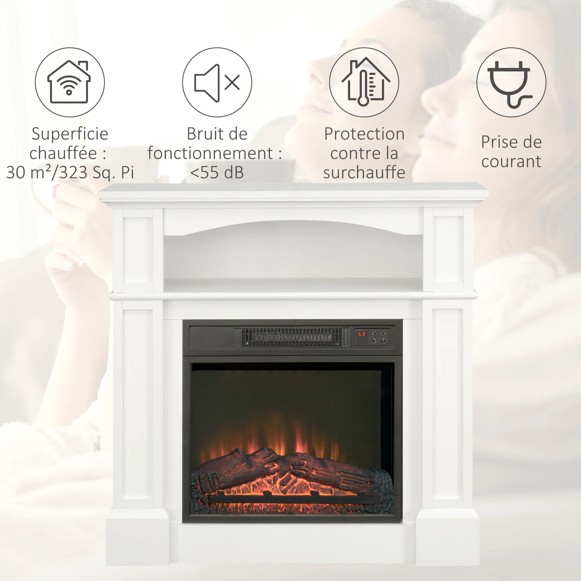 Cheminée électrique effet flammes LED luminosité réglable avec télécommande - 1800 W - 80,5 x 32,3 x 80,5 cm - Image 8