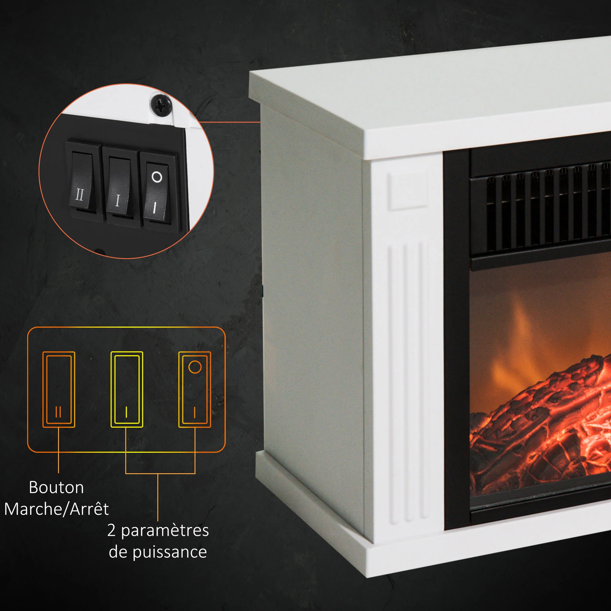 Cheminée électrique poêle Style Contemporain Thermostat 600-1200 W Blanc - Image 6