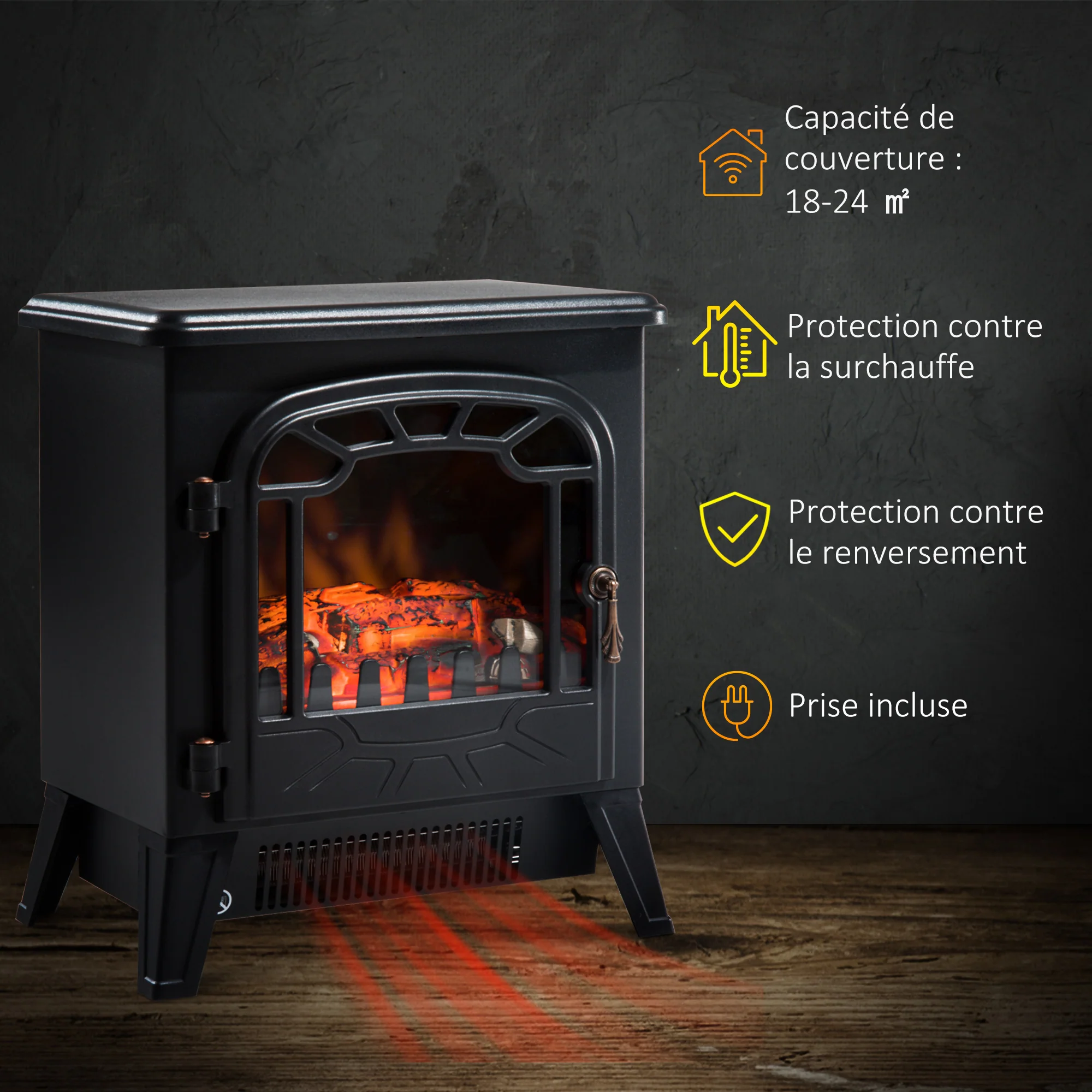 Cheminée électrique radiateur Imitation Flamme avec luminosité et réglable 925 W / 1850 W Porte métal Verre trempé Noir - Image 5