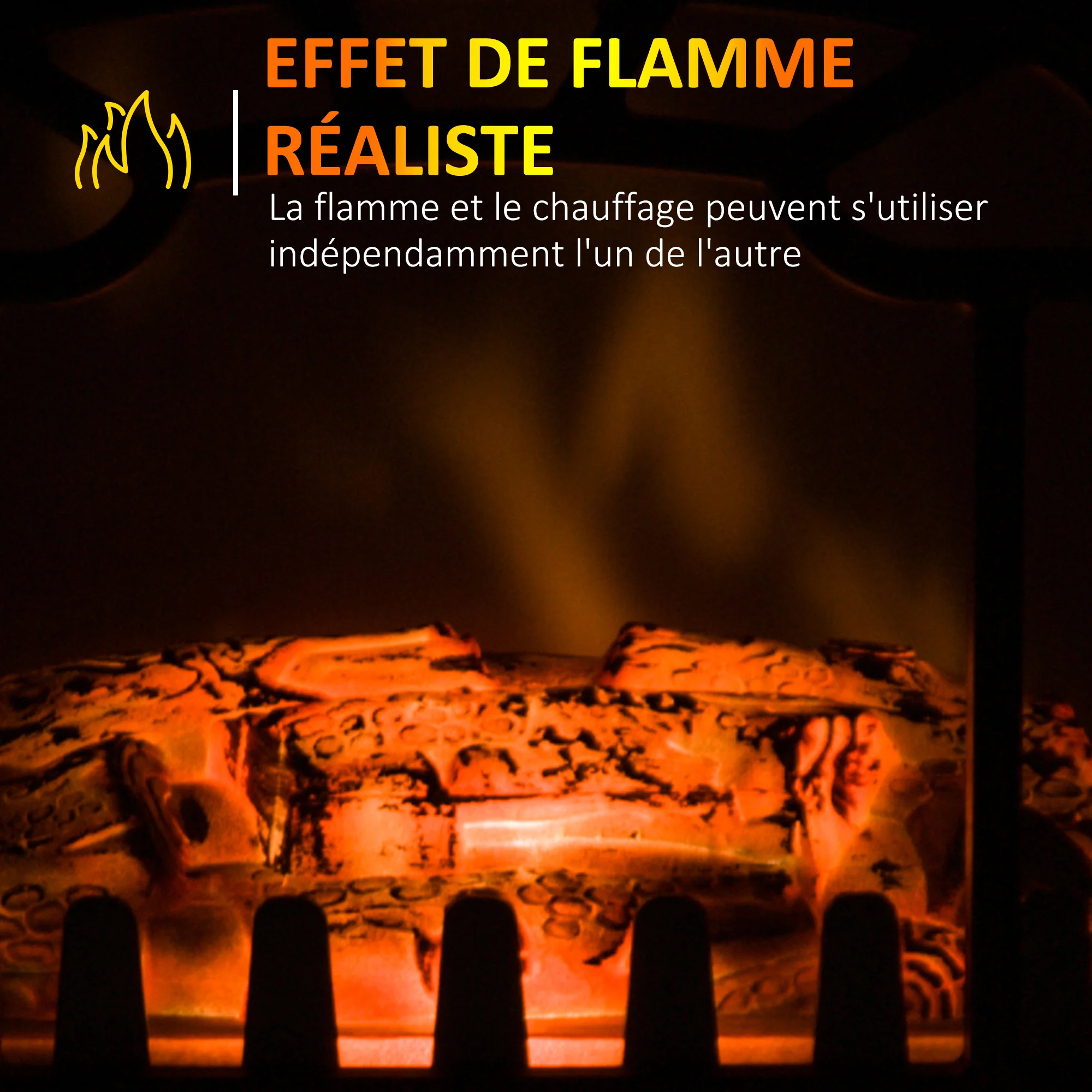 Cheminée électrique radiateur Imitation Flamme avec luminosité et réglable 925 W / 1850 W Porte métal Verre trempé Noir - Image 6