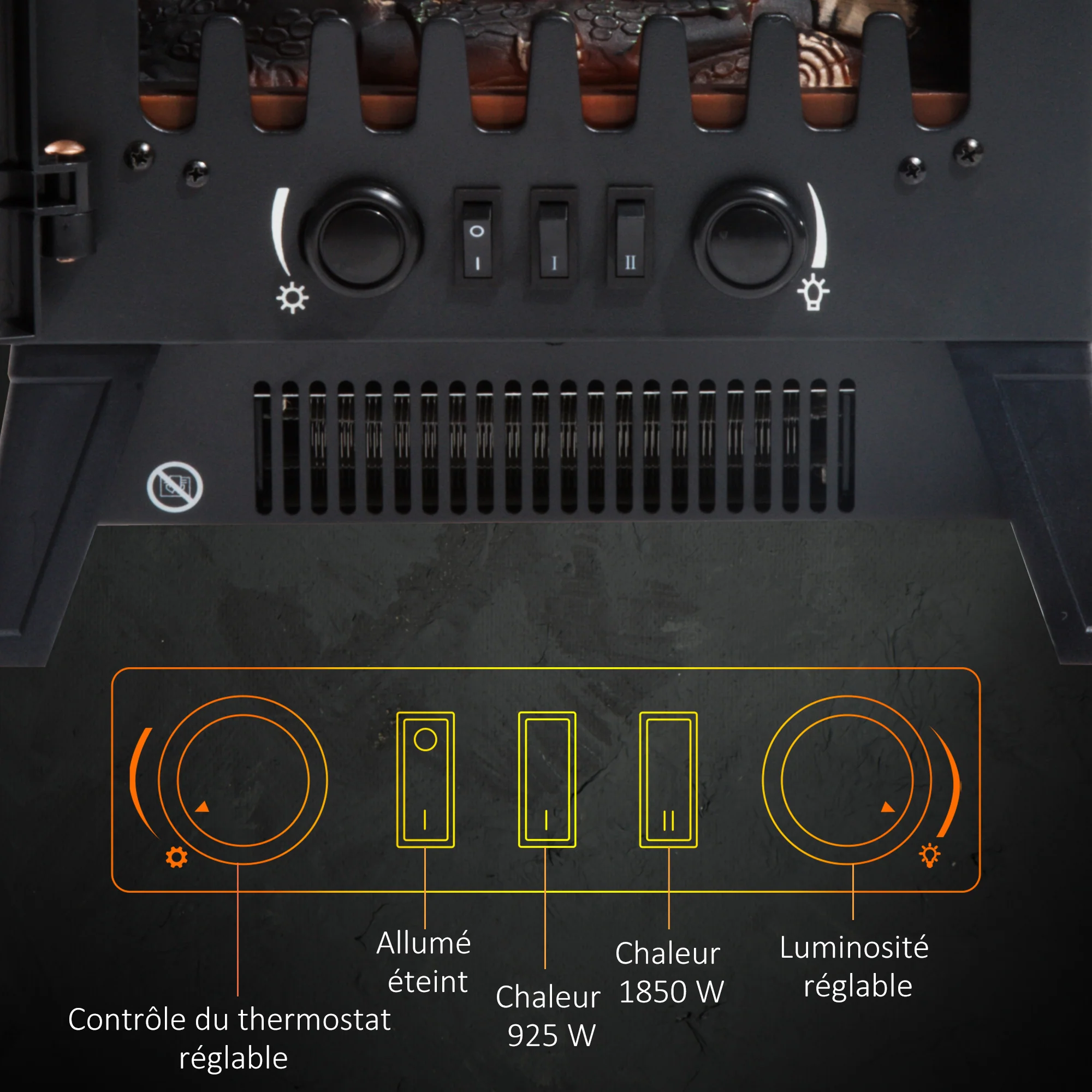 Cheminée électrique radiateur Imitation Flamme avec luminosité et réglable 925 W / 1850 W Porte métal Verre trempé Noir - Image 7