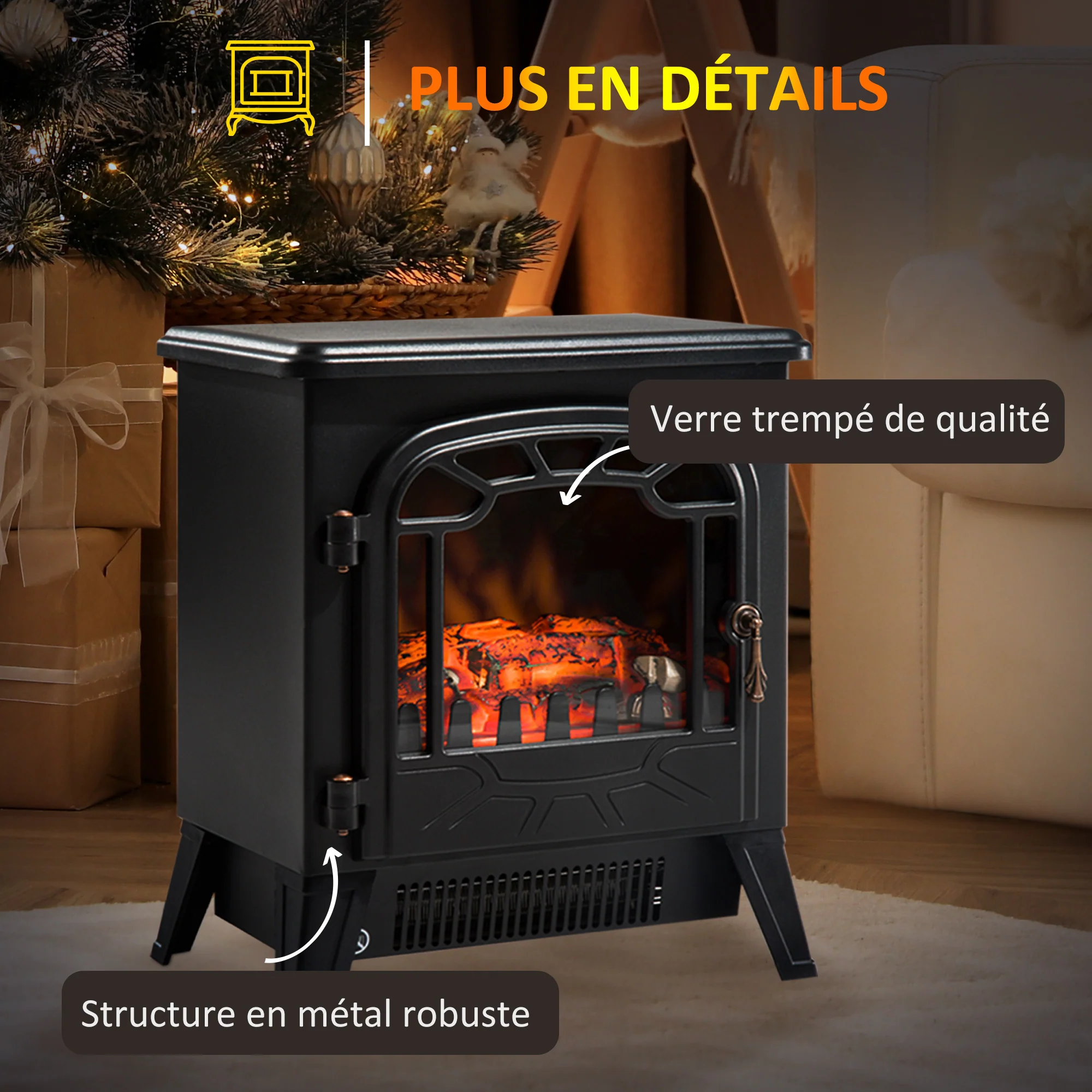 Cheminée électrique radiateur Imitation Flamme avec luminosité et réglable 925 W / 1850 W Porte métal Verre trempé Noir - Image 8