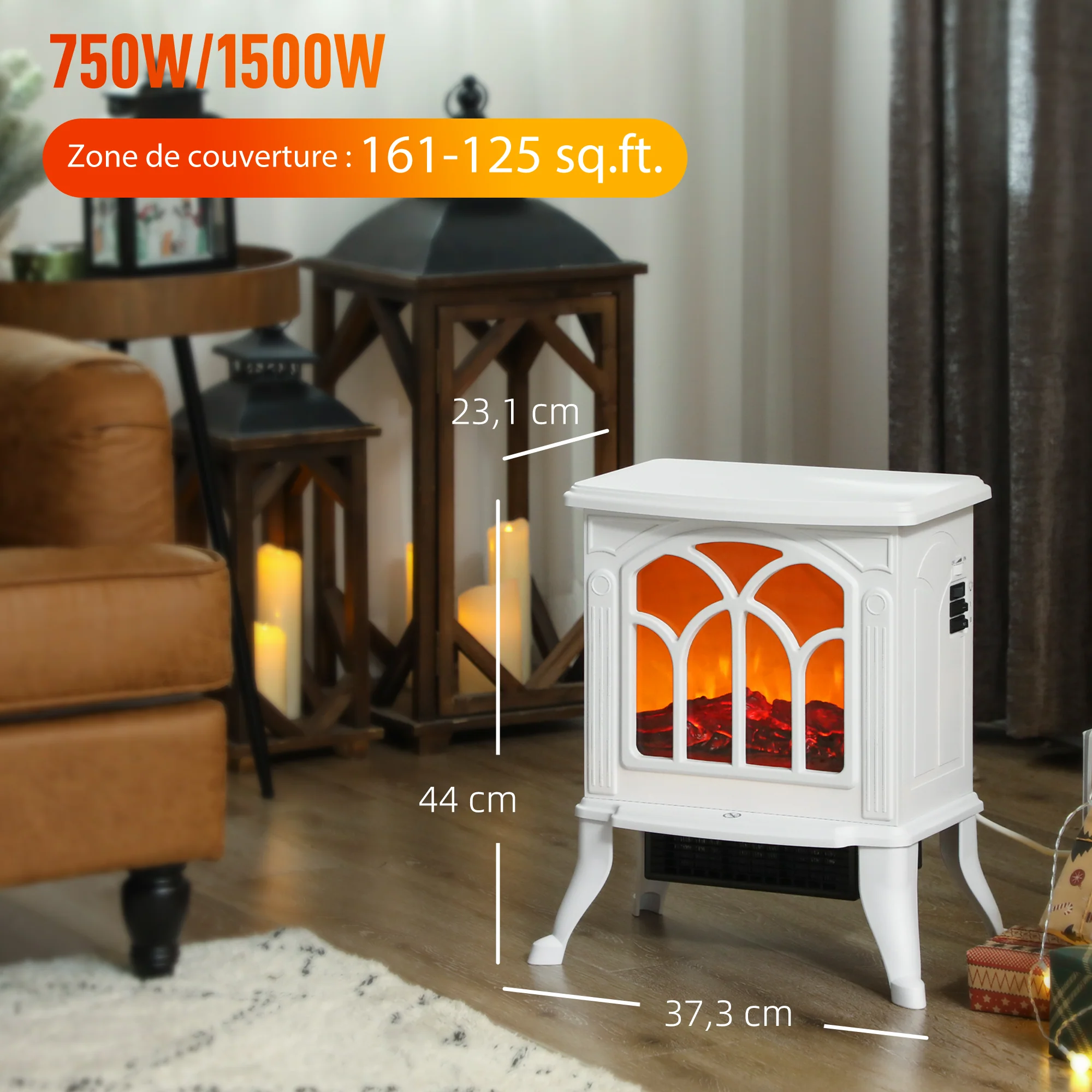 Cheminée électrique sur pied 750/1500 W, fausse cheminée décorative avec effet flamme LED, protection contre la surchauffe, zone de couverture 15-20 m2, blanc - Image 4