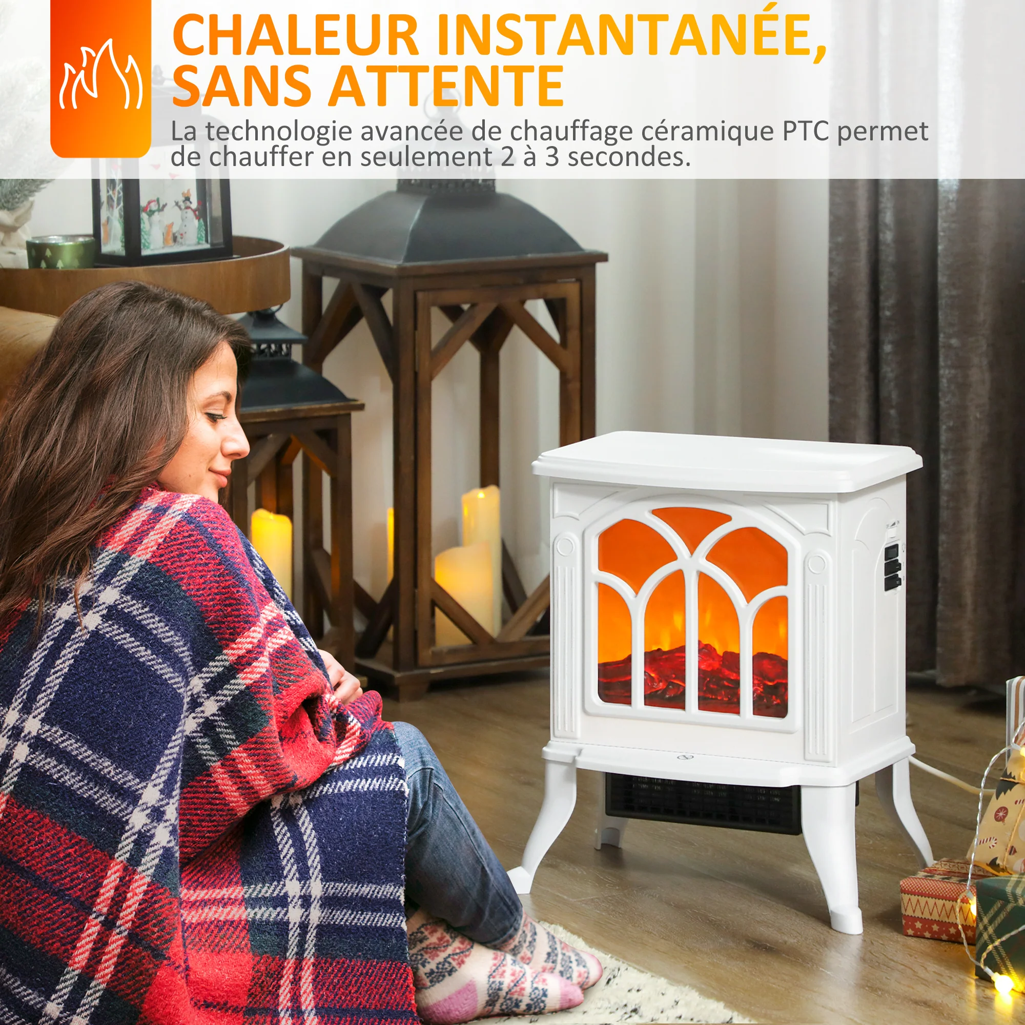 Cheminée électrique sur pied 750/1500 W, fausse cheminée décorative avec effet flamme LED, protection contre la surchauffe, zone de couverture 15-20 m2, blanc - Image 6