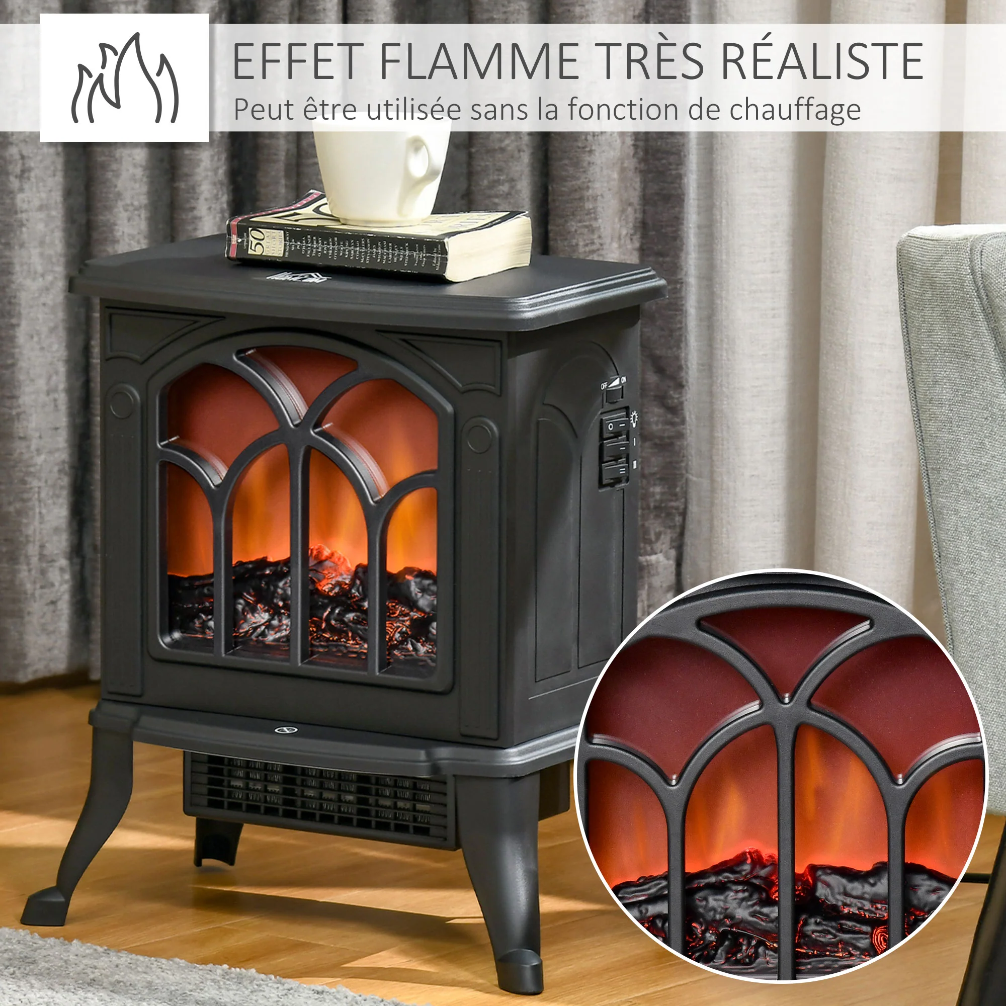 Cheminée électrique sur pied 750/1500 W, fausse cheminée décorative avec effet flamme LED, protection contre la surchauffe, zone de couverture 15-20 m2, noir - Image 5