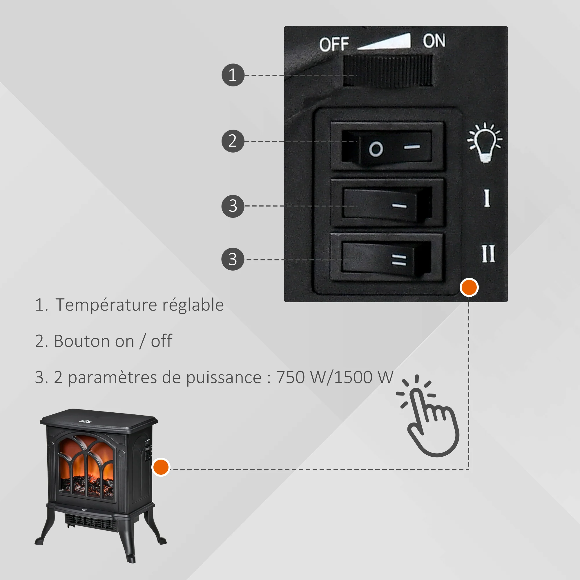 Cheminée électrique sur pied 750/1500 W, fausse cheminée décorative avec effet flamme LED, protection contre la surchauffe, zone de couverture 15-20 m2, noir - Image 6