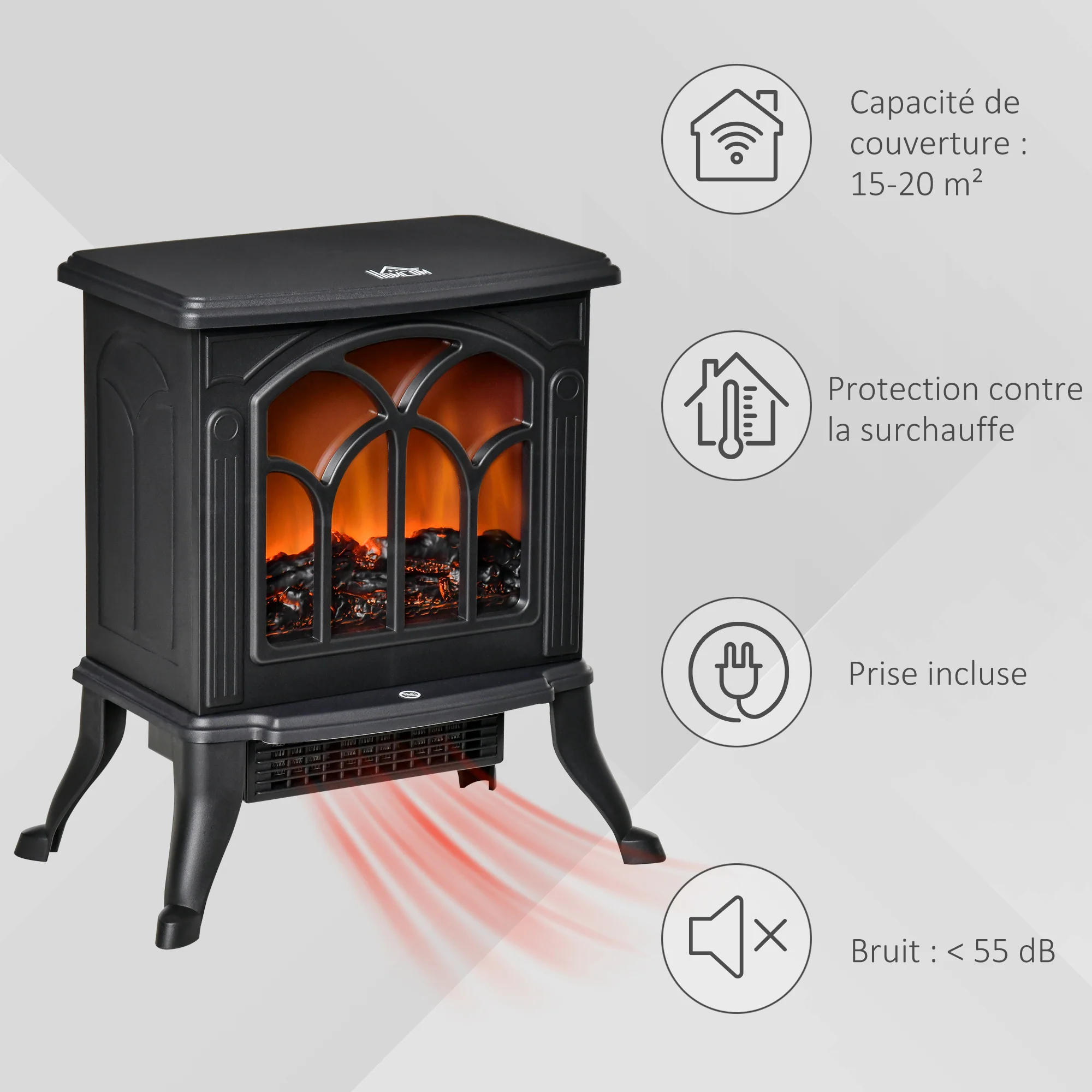 Cheminée électrique sur pied 750/1500 W, fausse cheminée décorative avec effet flamme LED, protection contre la surchauffe, zone de couverture 15-20 m2, noir - Image 8