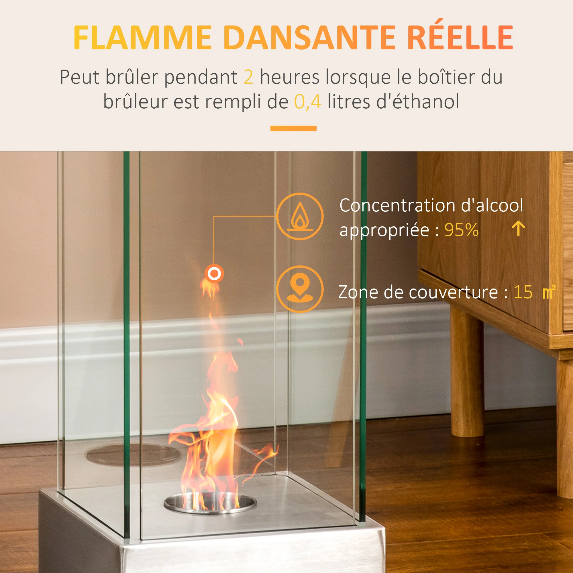 Cheminée éthanol à Poser Cheminée Portable à table avec réservoir 0,4 L Couverture 15 m² - dim. 25L x 25l x 60H cm - Image 5