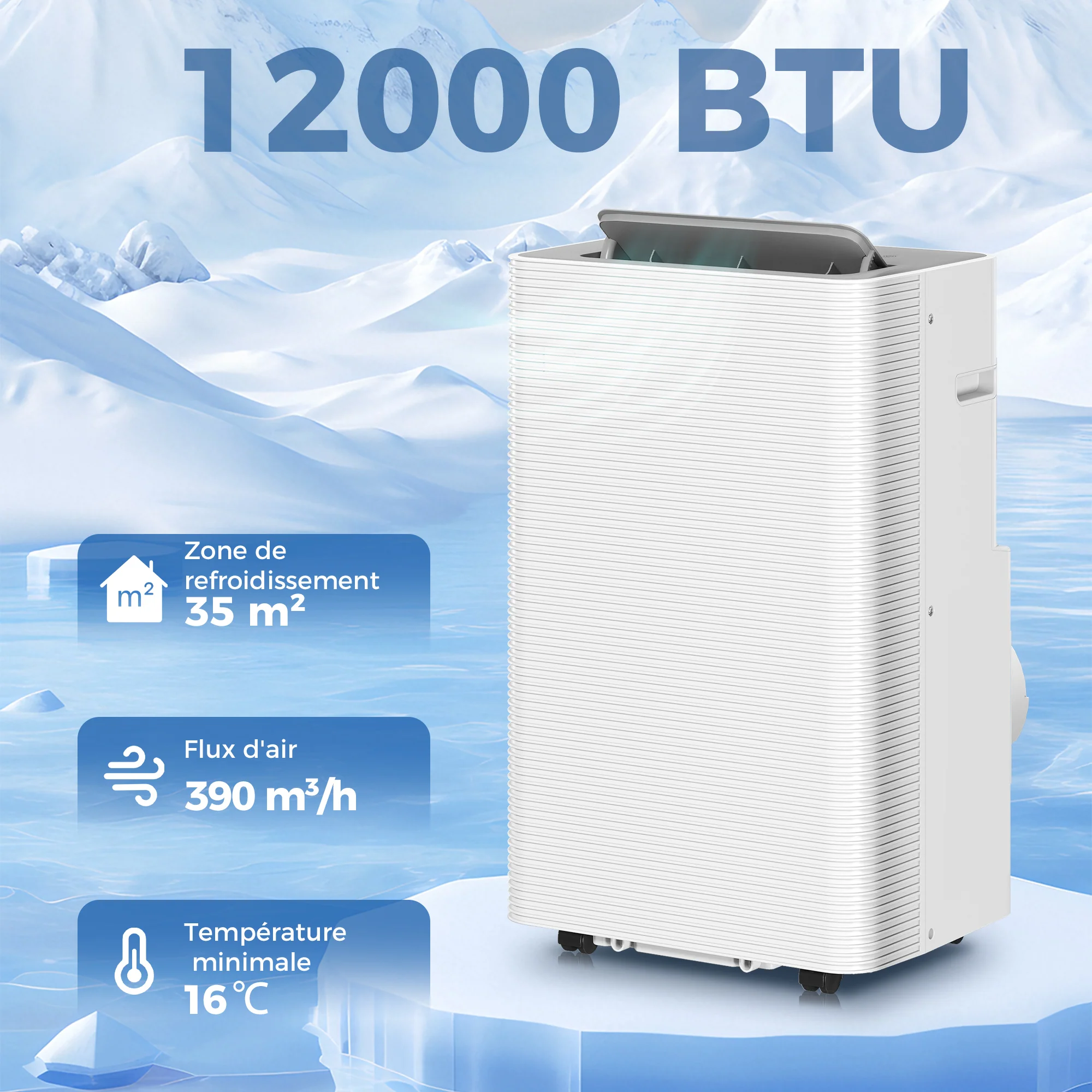 Climatiseur mobile 12000 BTU, climatiseur portable 4 en 1, refroidissement, déshumidificateur, ventilateur, mode nuit, télécommande, minuteur 24H, oscillation, 3 vitesses, pièces 35m2, classe A - Image 5