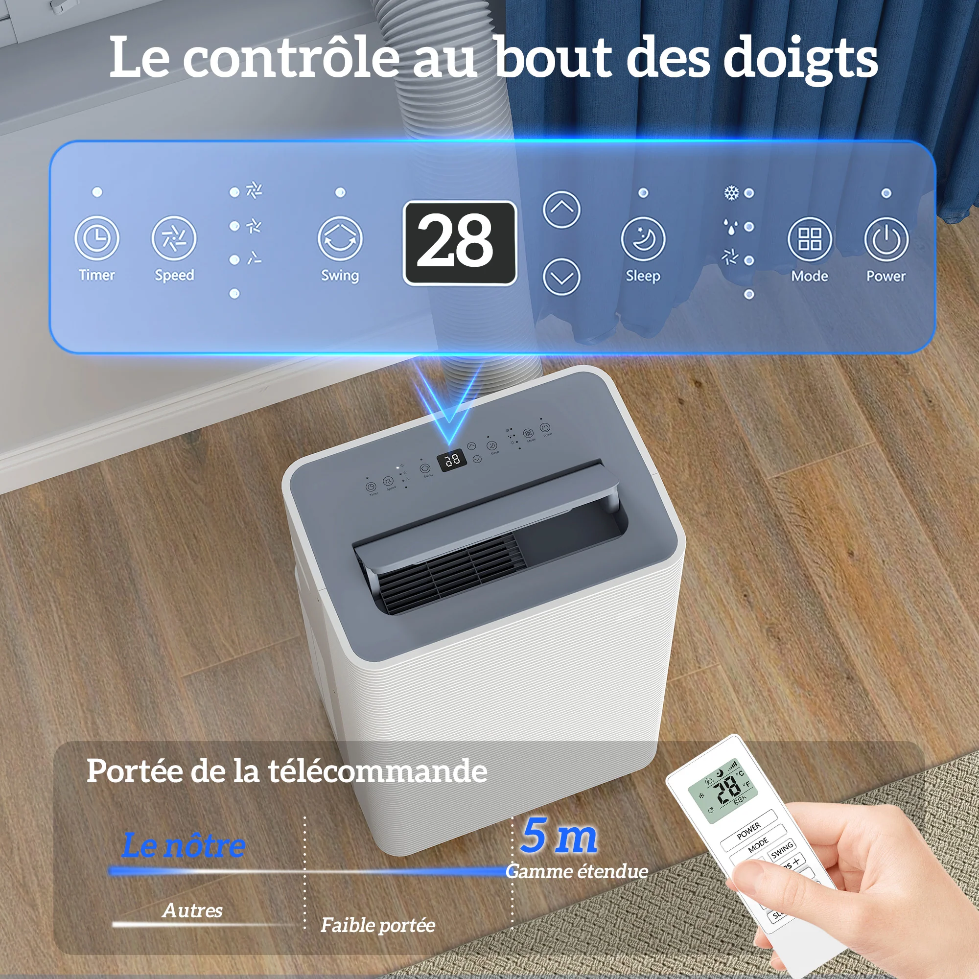 Climatiseur mobile 12000 BTU, climatiseur portable 4 en 1, refroidissement, déshumidificateur, ventilateur, mode nuit, télécommande, minuteur 24H, oscillation, 3 vitesses, pièces 35m2, classe A - Image 7