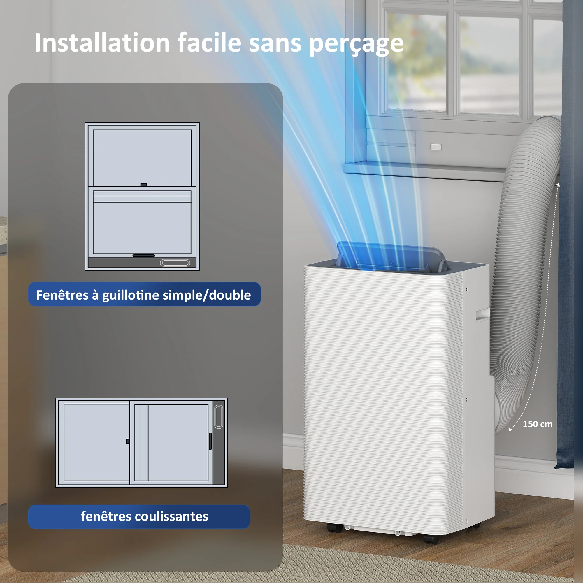 Climatiseur mobile 12000 BTU, climatiseur portable 4 en 1, refroidissement, déshumidificateur, ventilateur, mode nuit, télécommande, minuteur 24H, oscillation, 3 vitesses, pièces 35m2, classe A - Image 9