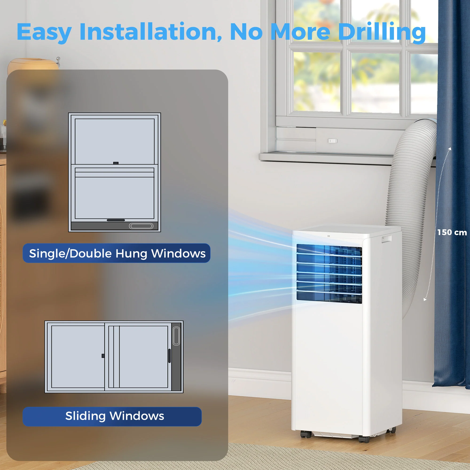 Climatiseur mobile 7000 BTU, climatiseur portable 4 en 1, refroidissement, déshumidificateur, ventilateur, mode nuit, télécommande, minuteur 24H, 2 Vitesses, pour pièces 30 m2, classe A - Image 5