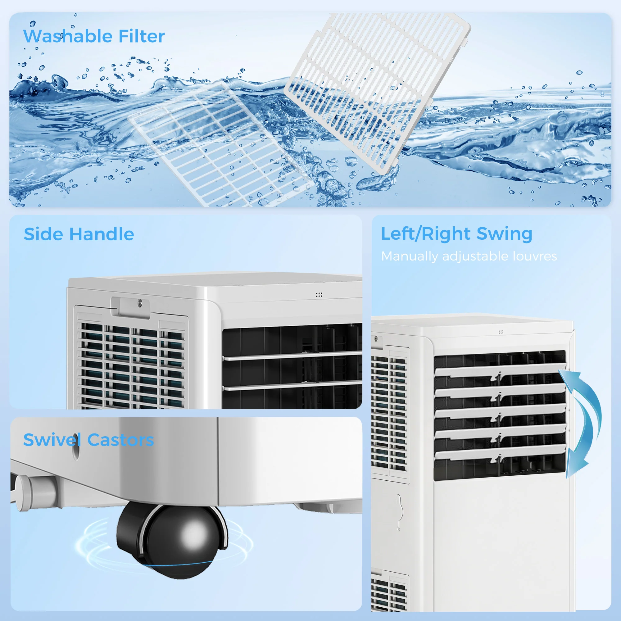 Climatiseur mobile 7000 BTU, climatiseur portable 4 en 1, refroidissement, déshumidificateur, ventilateur, mode nuit, télécommande, minuteur 24H, 2 Vitesses, pour pièces 30 m2, classe A - Image 6