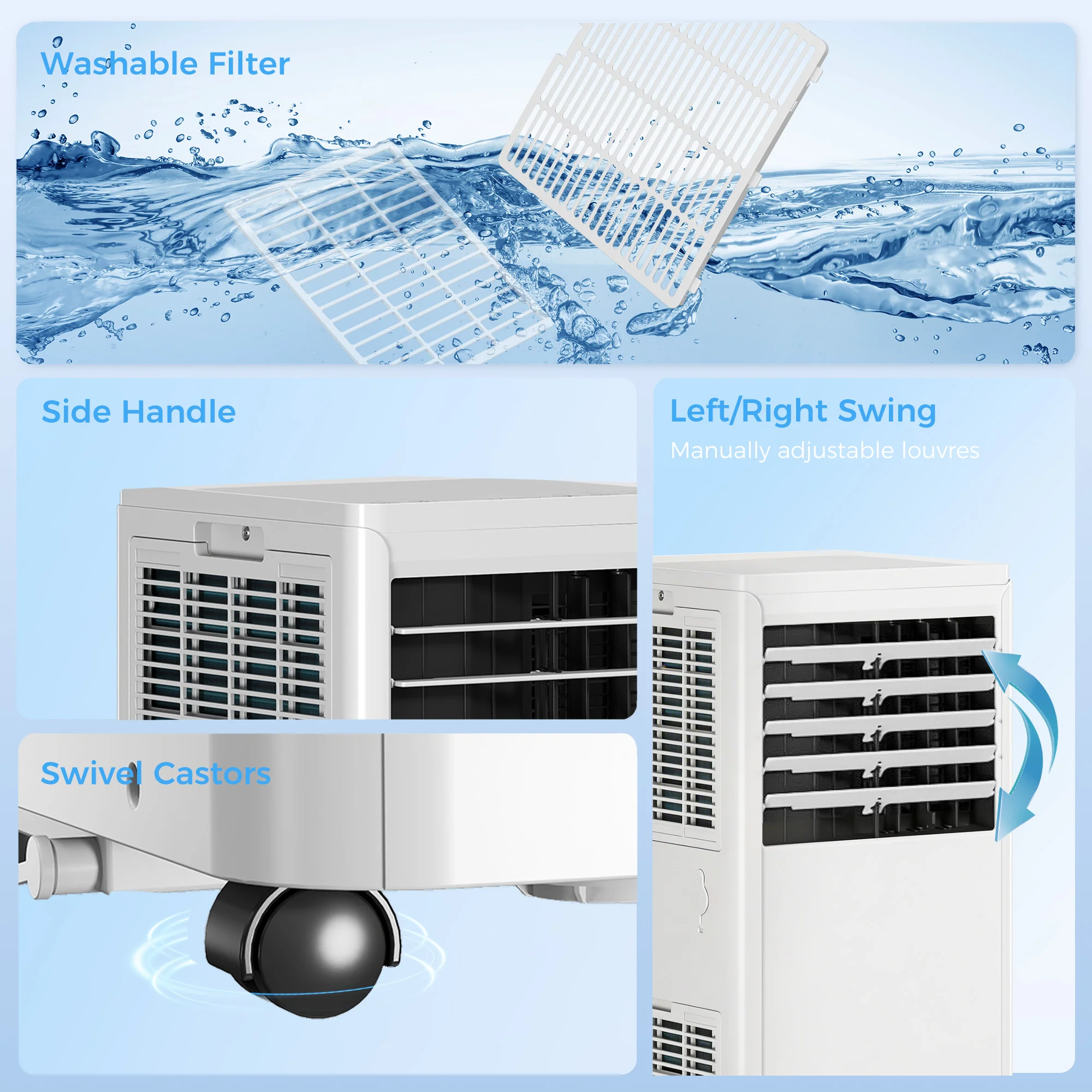 Climatiseur mobile 9000 BTU, climatiseur portable 4 en 1, refroidissement, déshumidificateur, ventilateur, mode nuit, télécommande, minuteur 24H, 2 vitesses, pour pièces 30 m2, classe A - Image 6
