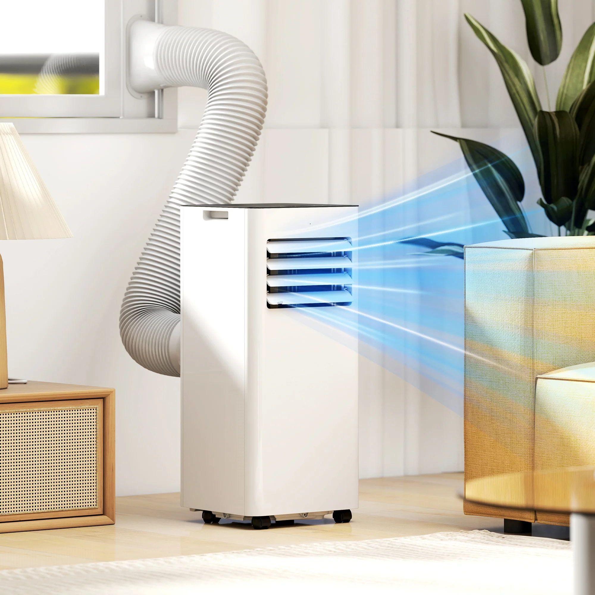 Climatiseur mobile 9000 BTU/H 2,6KW climatiseur portable 3 en 1 refroidissement, ventilateur, déshumidificateur, mode veille, minuterie 24H, 2 vitesses et télécommande, kit d'évacution, blanc - Image 3