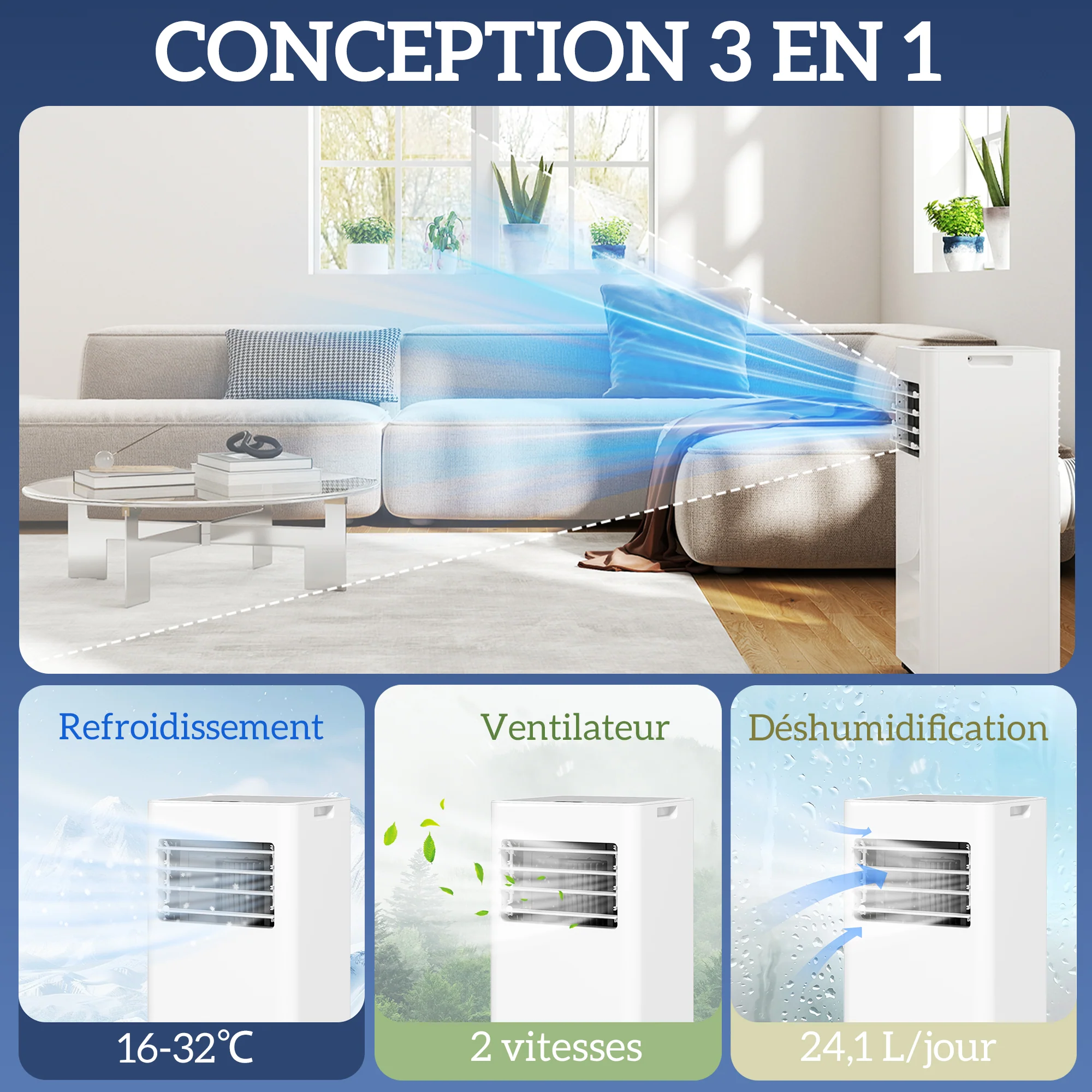 Climatiseur mobile 9000 BTU/H 2,6KW climatiseur portable 3 en 1 refroidissement, ventilateur, déshumidificateur, mode veille, minuterie 24H, 2 vitesses et télécommande, kit d'évacution, blanc - Image 5