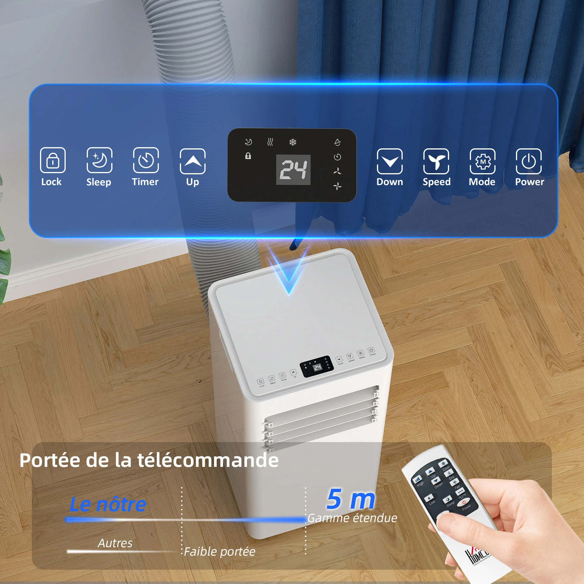 Climatiseur mobile 9000 BTU/H 2,6KW climatiseur portable 3 en 1 refroidissement, ventilateur, déshumidificateur, mode veille, minuterie 24H, 2 vitesses et télécommande, kit d'évacution, blanc - Image 7