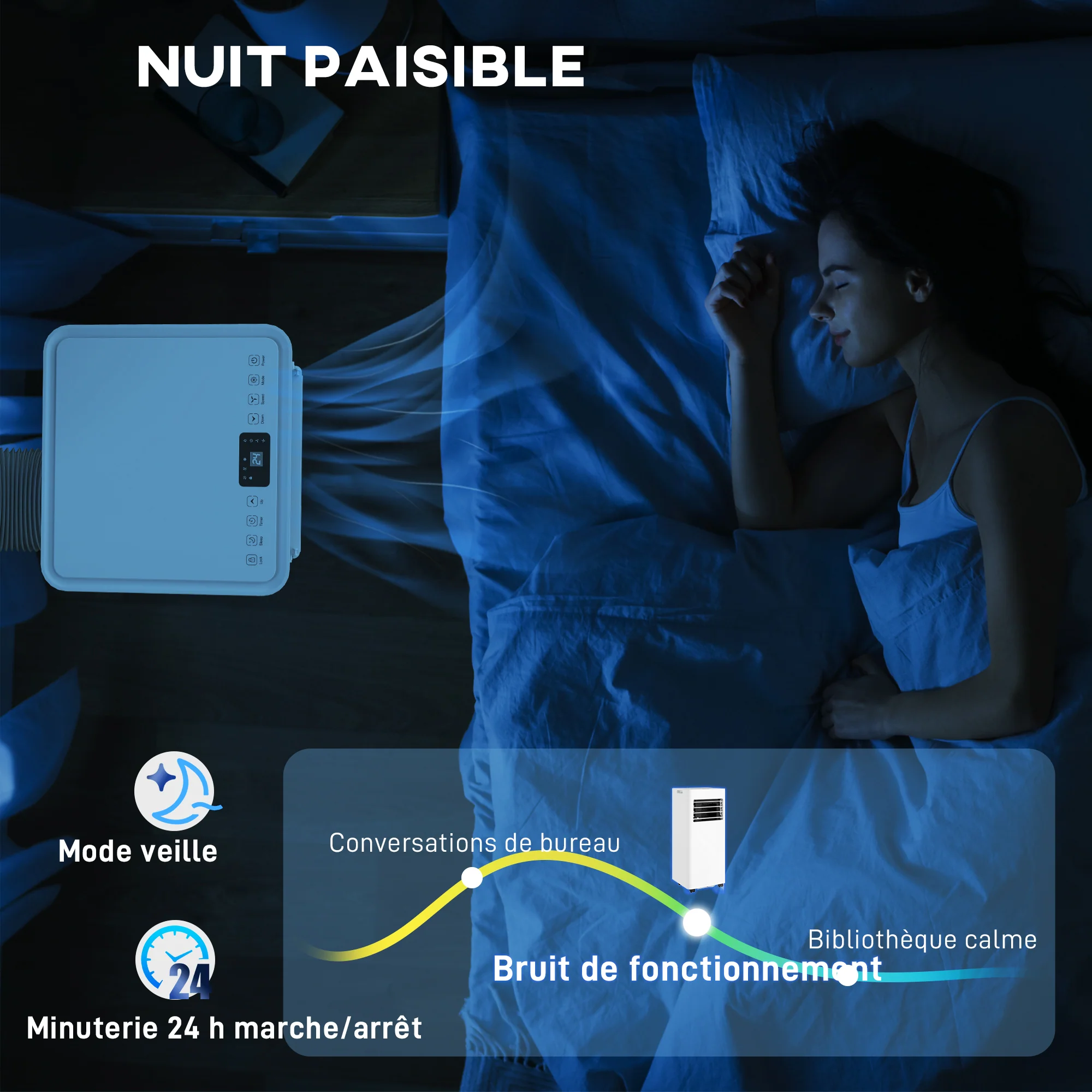 Climatiseur mobile 9000 BTU/H 2,6KW climatiseur portable 3 en 1 refroidissement, ventilateur, déshumidificateur, mode veille, minuterie 24H, 2 vitesses et télécommande, kit d'évacution, blanc - Image 9