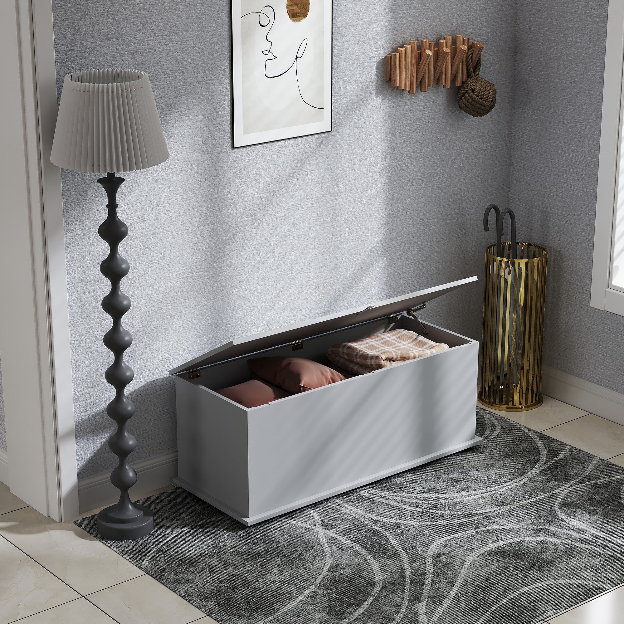 Coffre de rangement, banc de rangement avec couvercle rabattable et charnières de sécurité, banc chaussures, meuble d'entrée, couloir, chambre, salon, 100 x 40 x 40 cm, gris - Image 10