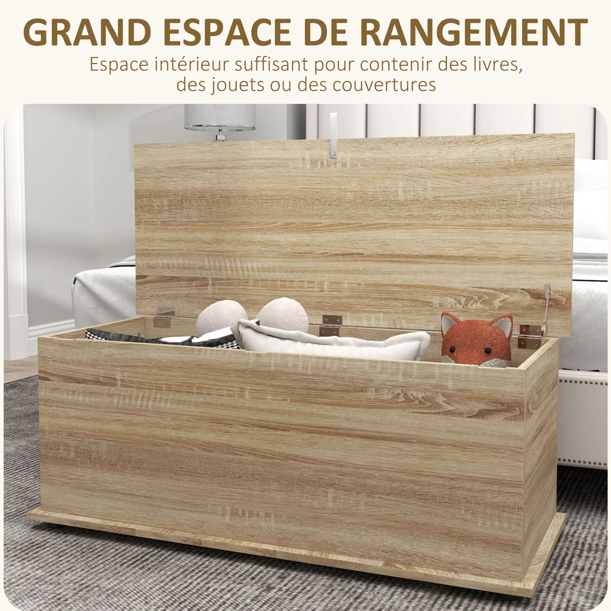 Coffre de rangement, banc de rangement avec couvercle rabattable et charnières de sécurité, banc chaussures, meuble d'entrée, couloir, chambre, salon, 100 x 40 x 40 cm, effet bois naturel - Image 5