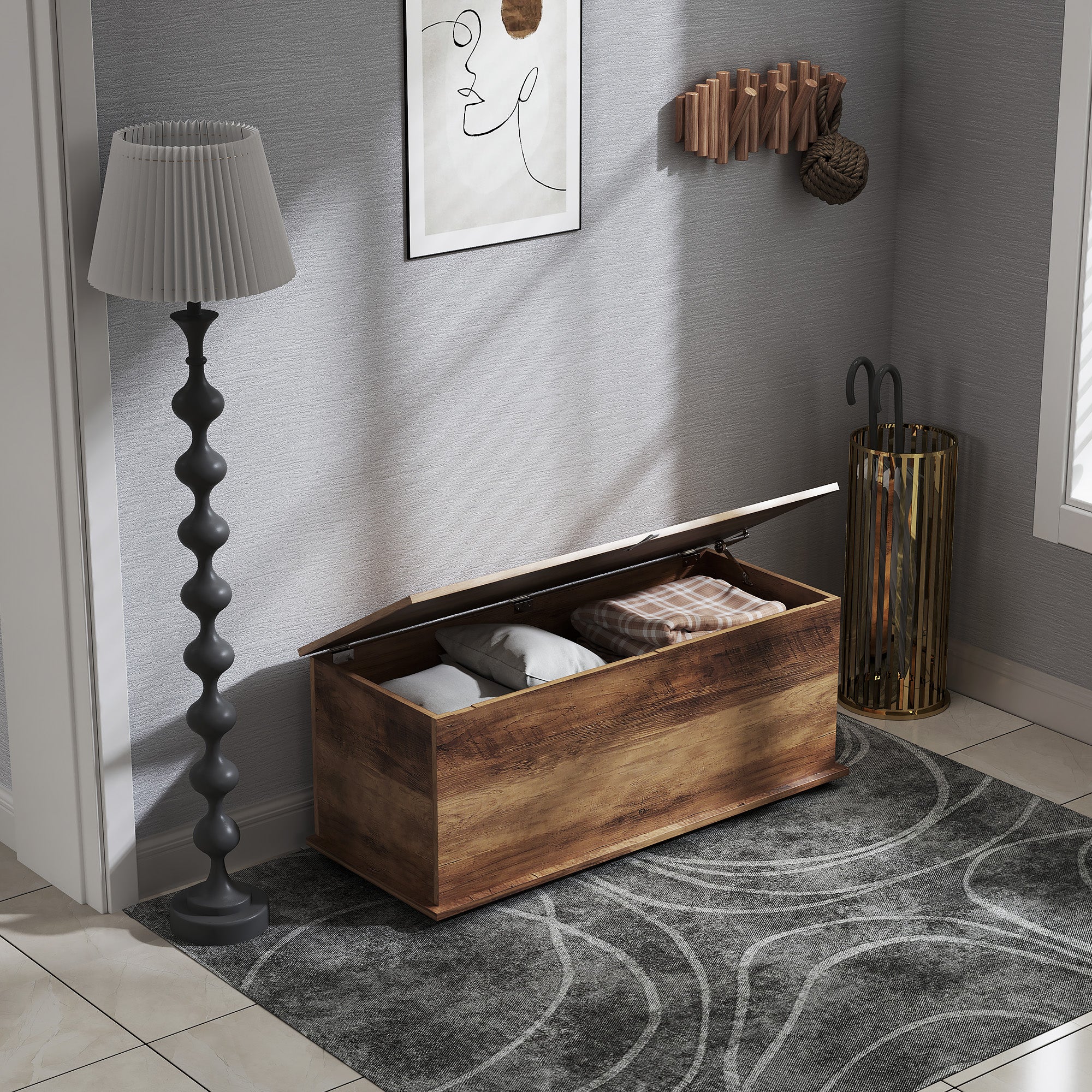 Coffre de rangement, banc de rangement avec couvercle rabattable et charnières de sécurité, banc chaussures, meuble d'entrée, couloir, chambre, salon, 100 x 40 x 40 cm, marron grain bois - Image 10