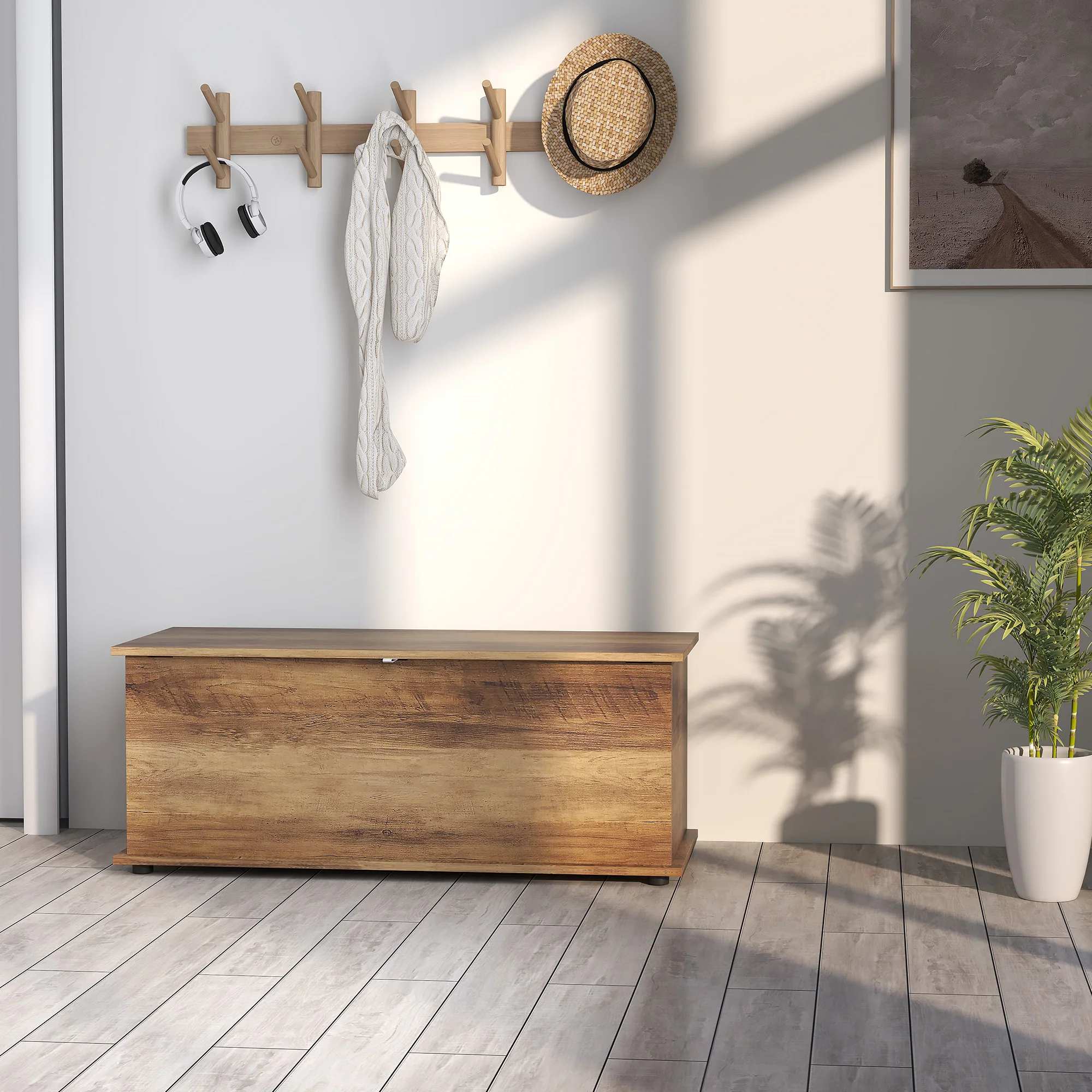 Coffre de rangement, banc de rangement avec couvercle rabattable et charnières de sécurité, banc chaussures, meuble d'entrée, couloir, chambre, salon, 100 x 40 x 40 cm, marron grain bois - Image 9