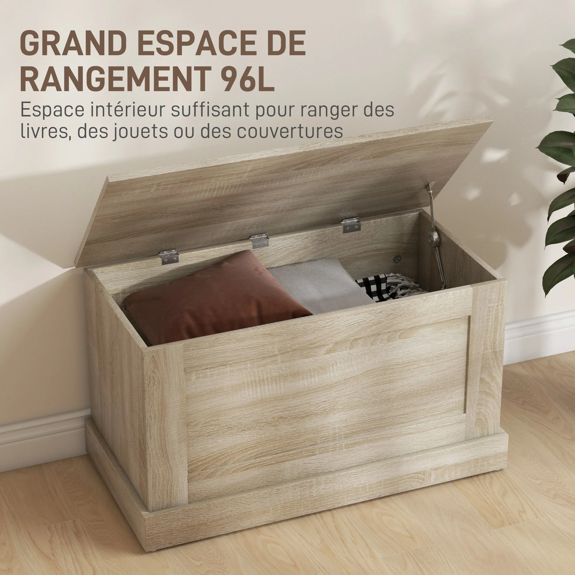 Coffre de rangement, coffre à jouets en bois, avec charnière de sécurité, pour salon, entrée, 80 x 40 x 45 cm, bois naturel - Image 5