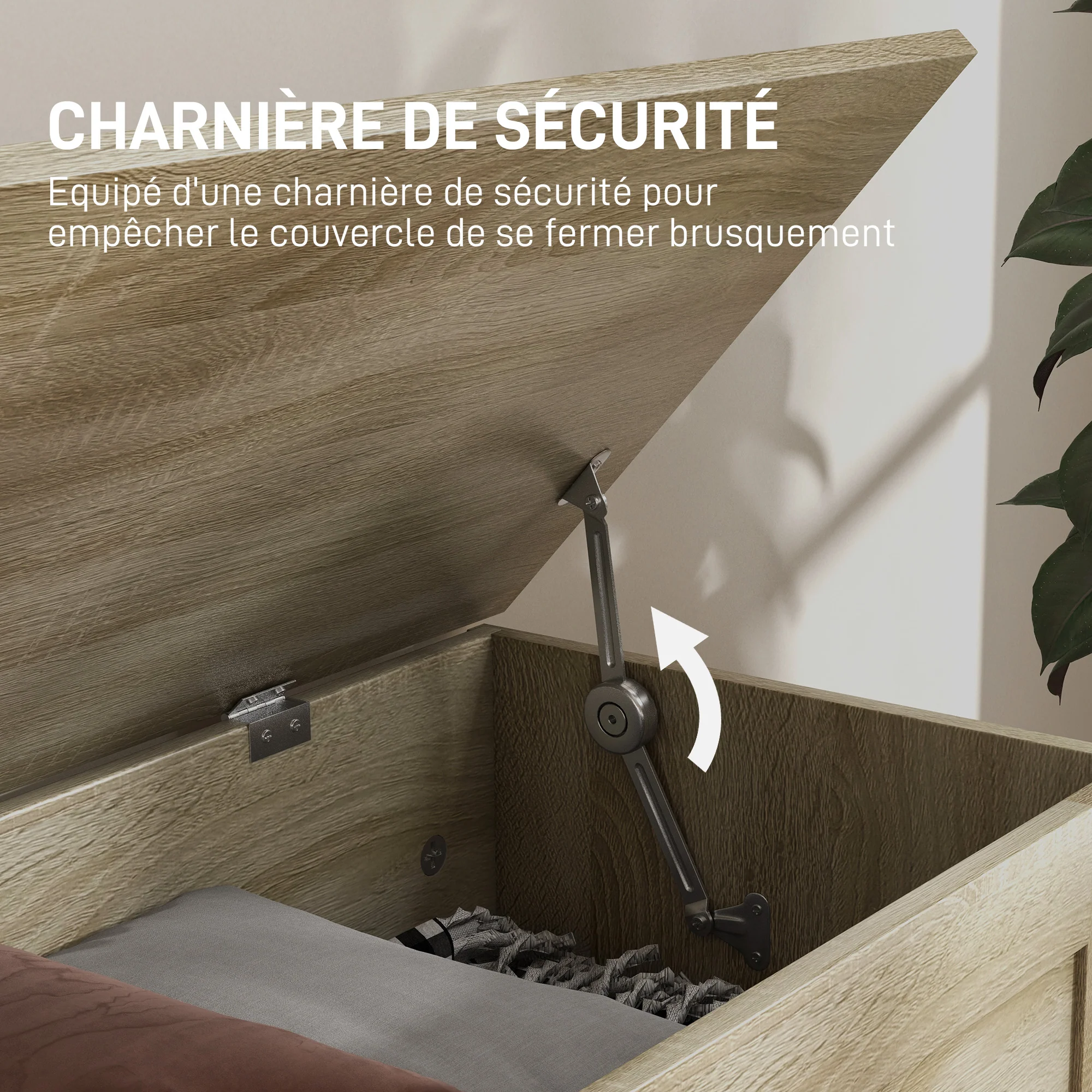 Coffre de rangement, coffre à jouets en bois, avec charnière de sécurité, pour salon, entrée, 80 x 40 x 45 cm, bois naturel - Image 6