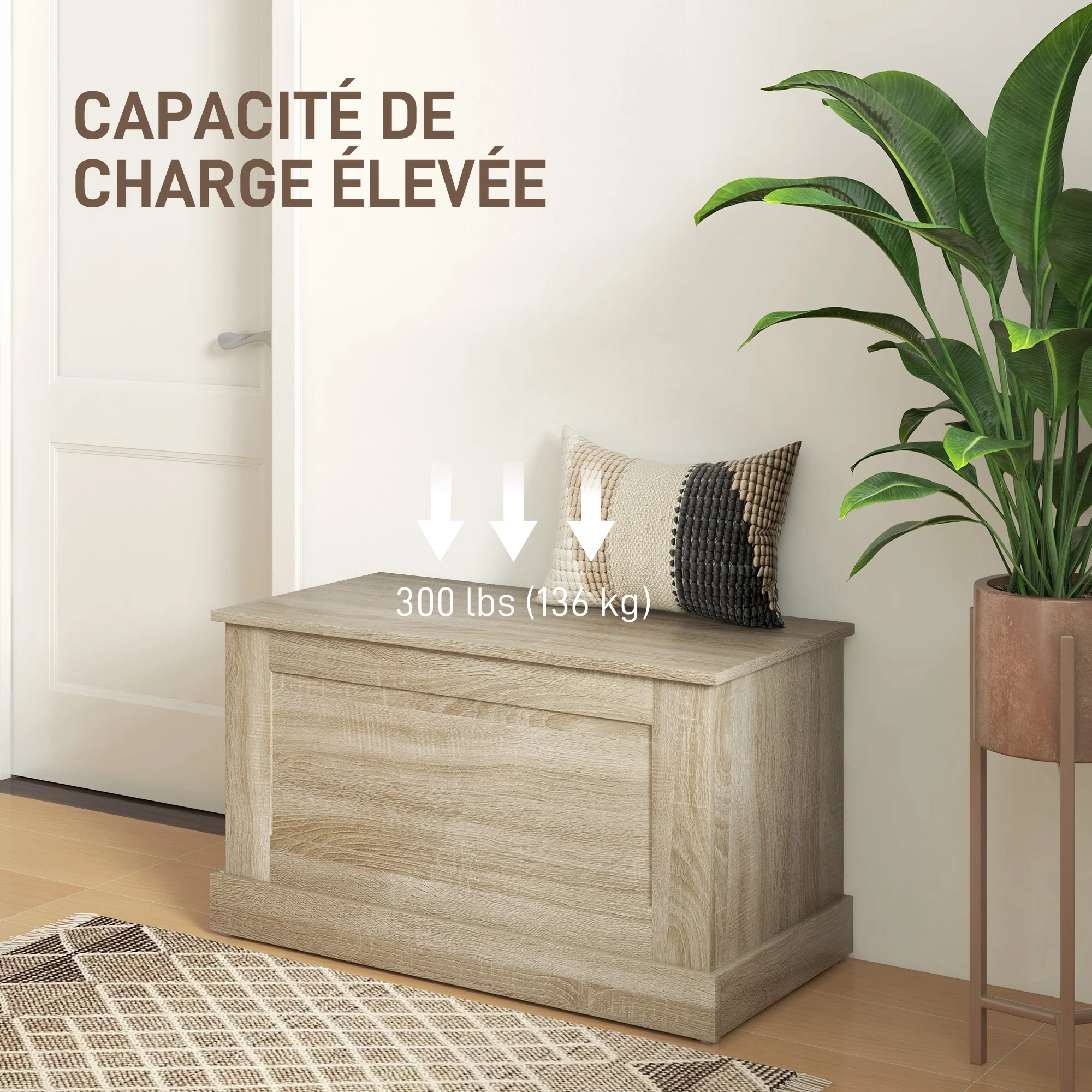 Coffre de rangement, coffre à jouets en bois, avec charnière de sécurité, pour salon, entrée, 80 x 40 x 45 cm, bois naturel - Image 7