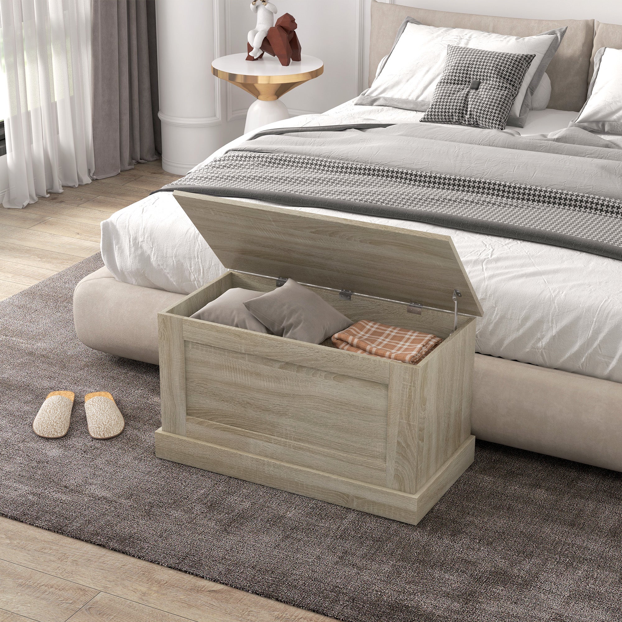Coffre de rangement, coffre à jouets en bois, avec charnière de sécurité, pour salon, entrée, 80 x 40 x 45 cm, bois naturel - Image 9
