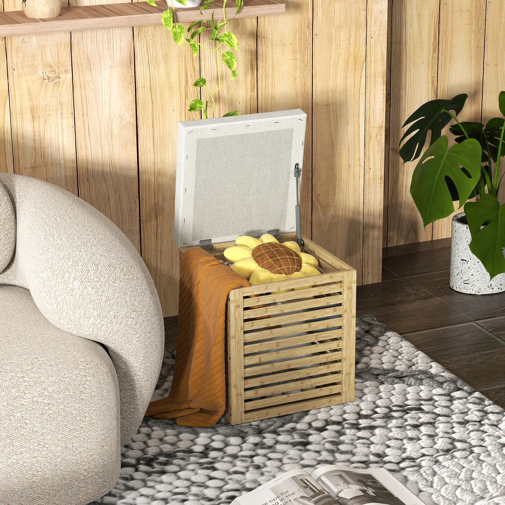 Coffre de rangement, tabouret de rangement de 54.76 L, design lamellé, cadre en bambou naturel, charge jusqu'à 120 kg, 40 x 40 x 47 cm, bois naturel - Image 3