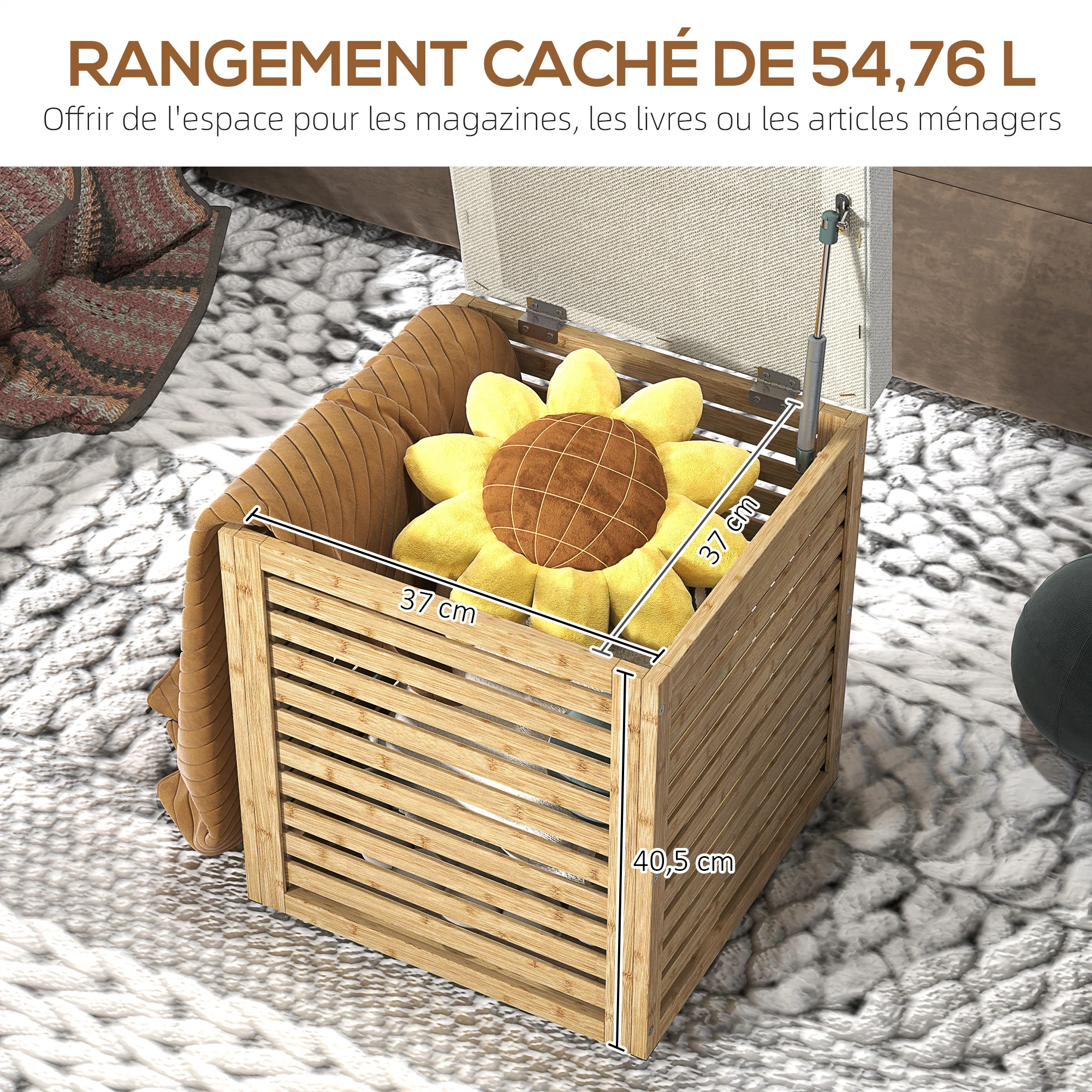 Coffre de rangement, tabouret de rangement de 54.76 L, design lamellé, cadre en bambou naturel, charge jusqu'à 120 kg, 40 x 40 x 47 cm, bois naturel - Image 5