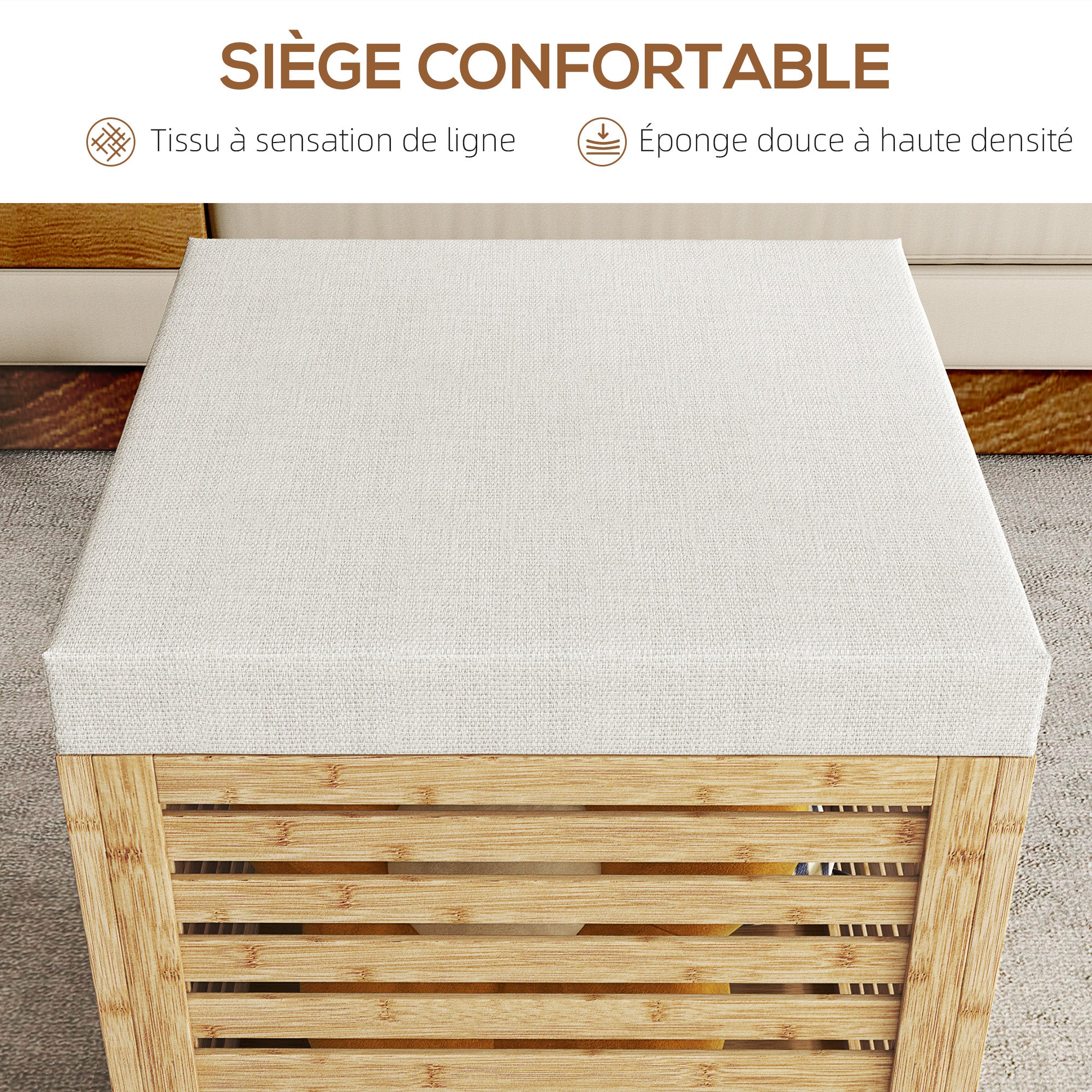 Coffre de rangement, tabouret de rangement de 54.76 L, design lamellé, cadre en bambou naturel, charge jusqu'à 120 kg, 40 x 40 x 47 cm, bois naturel - Image 6