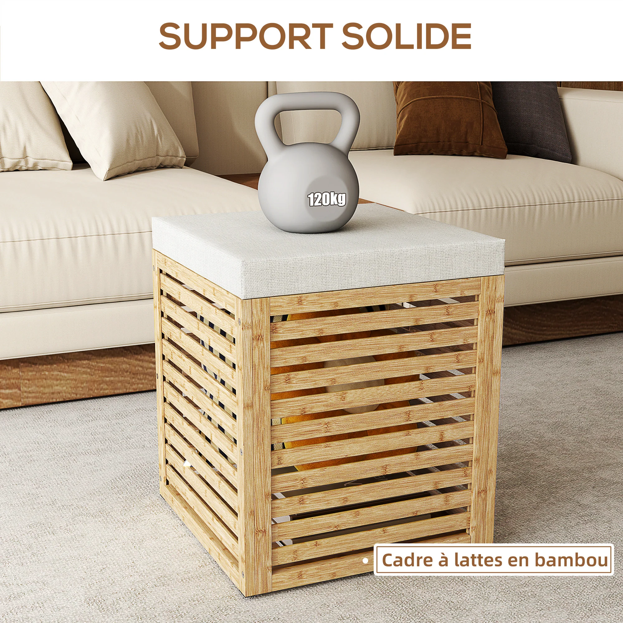 Coffre de rangement, tabouret de rangement de 54.76 L, design lamellé, cadre en bambou naturel, charge jusqu'à 120 kg, 40 x 40 x 47 cm, bois naturel - Image 7