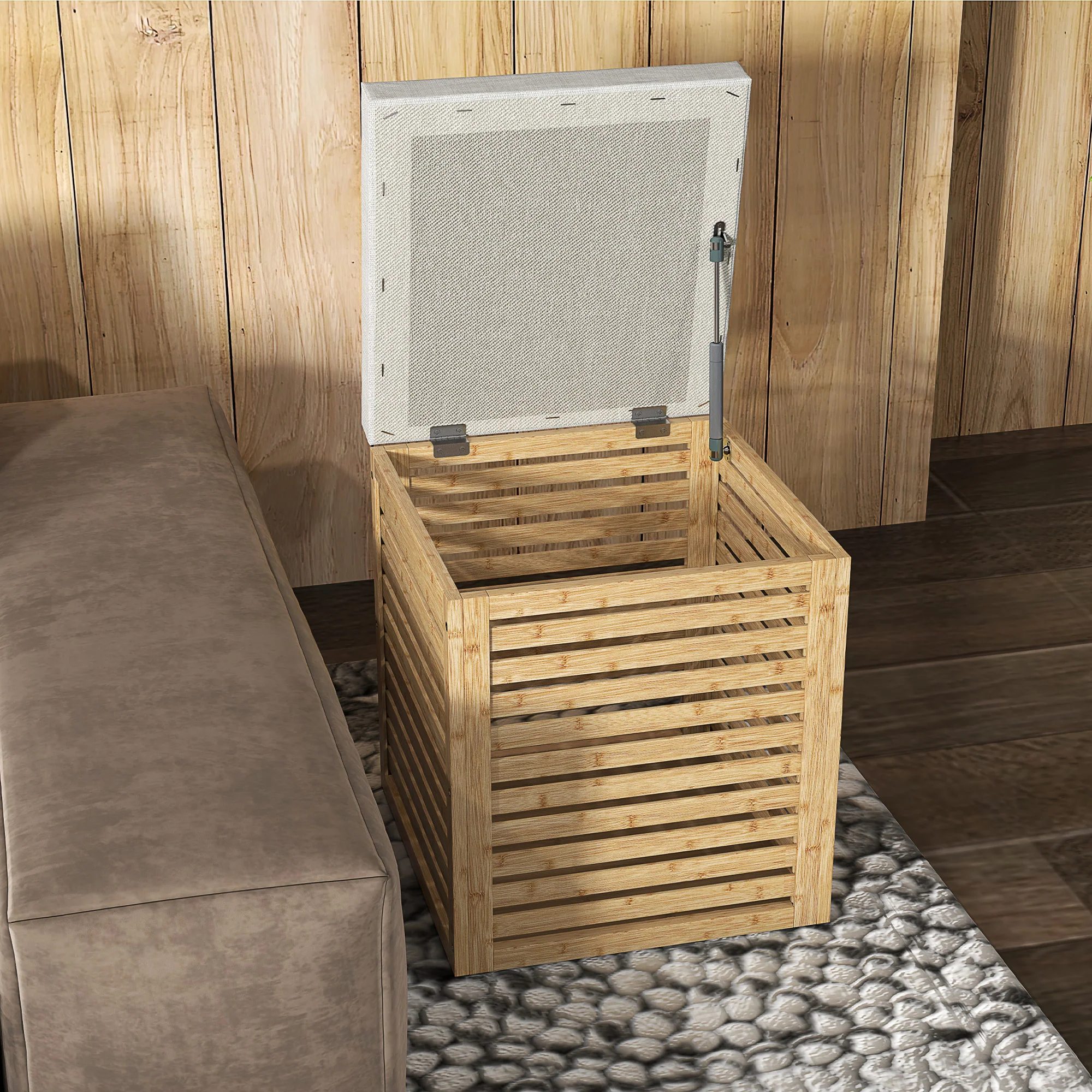 Coffre de rangement, tabouret de rangement de 54.76 L, design lamellé, cadre en bambou naturel, charge jusqu'à 120 kg, 40 x 40 x 47 cm, bois naturel - Image 9