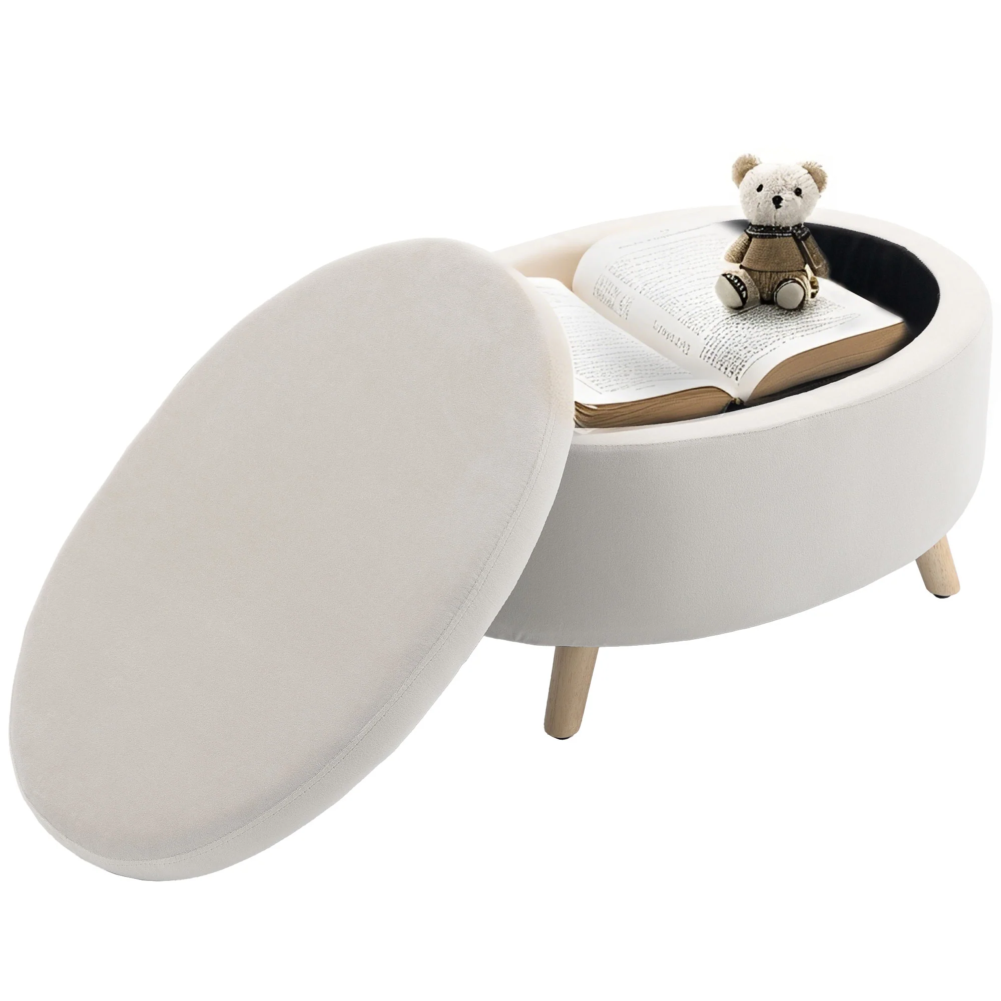 Coffre de Rangement, Tabouret Ovale, banc de rangement en Velours, Pieds en Bois d'hévéa, pour la Chambre à Coucher, entrée, Salon, Charge 120 Kg, 71 x 51,5 x 42 cm, Beige - Image 11