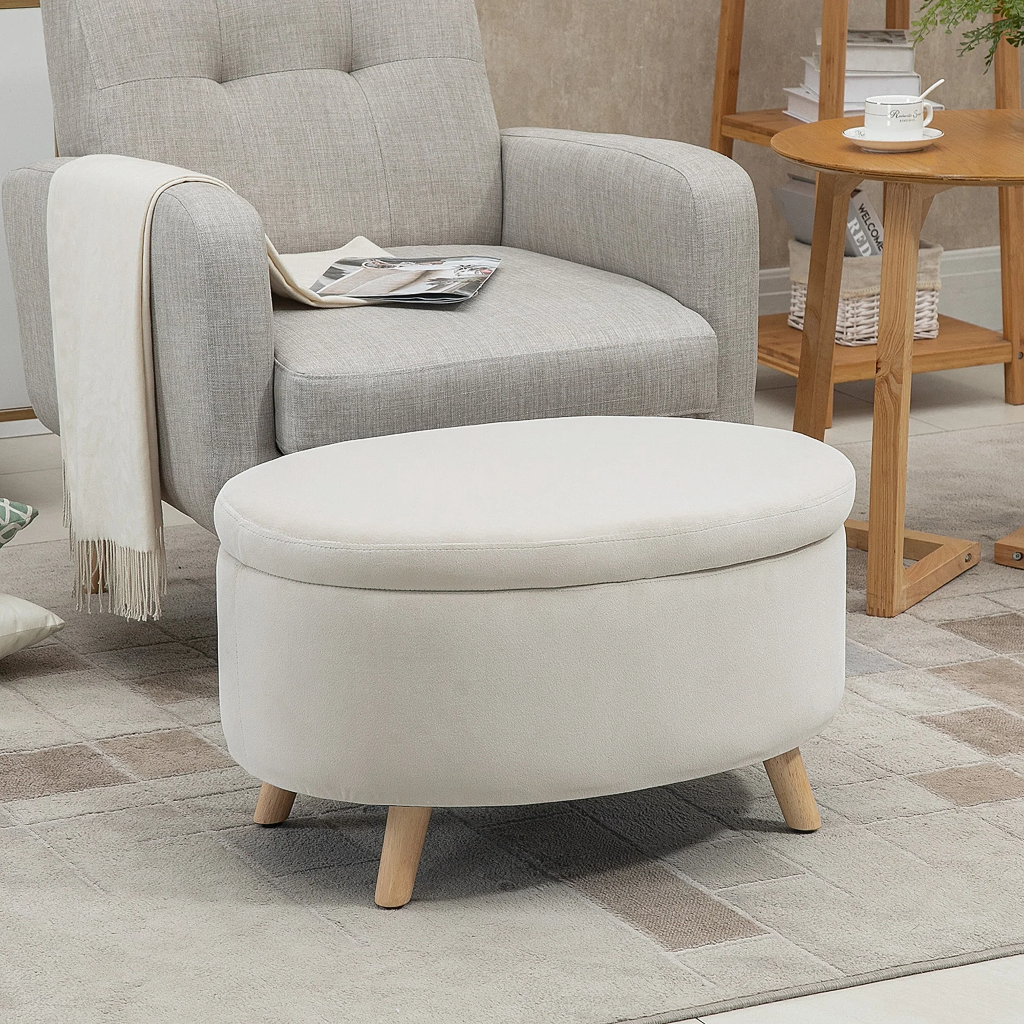 Coffre de Rangement, Tabouret Ovale, banc de rangement en Velours, Pieds en Bois d'hévéa, pour la Chambre à Coucher, entrée, Salon, Charge 120 Kg, 71 x 51,5 x 42 cm, Beige - Image 3
