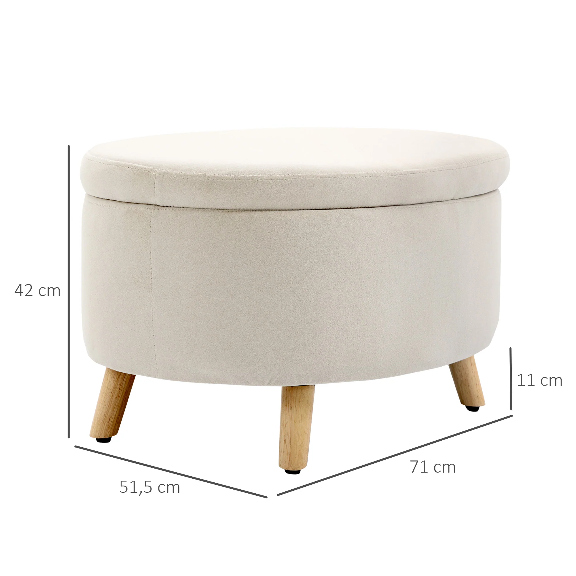 Coffre de Rangement, Tabouret Ovale, banc de rangement en Velours, Pieds en Bois d'hévéa, pour la Chambre à Coucher, entrée, Salon, Charge 120 Kg, 71 x 51,5 x 42 cm, Beige - Image 4